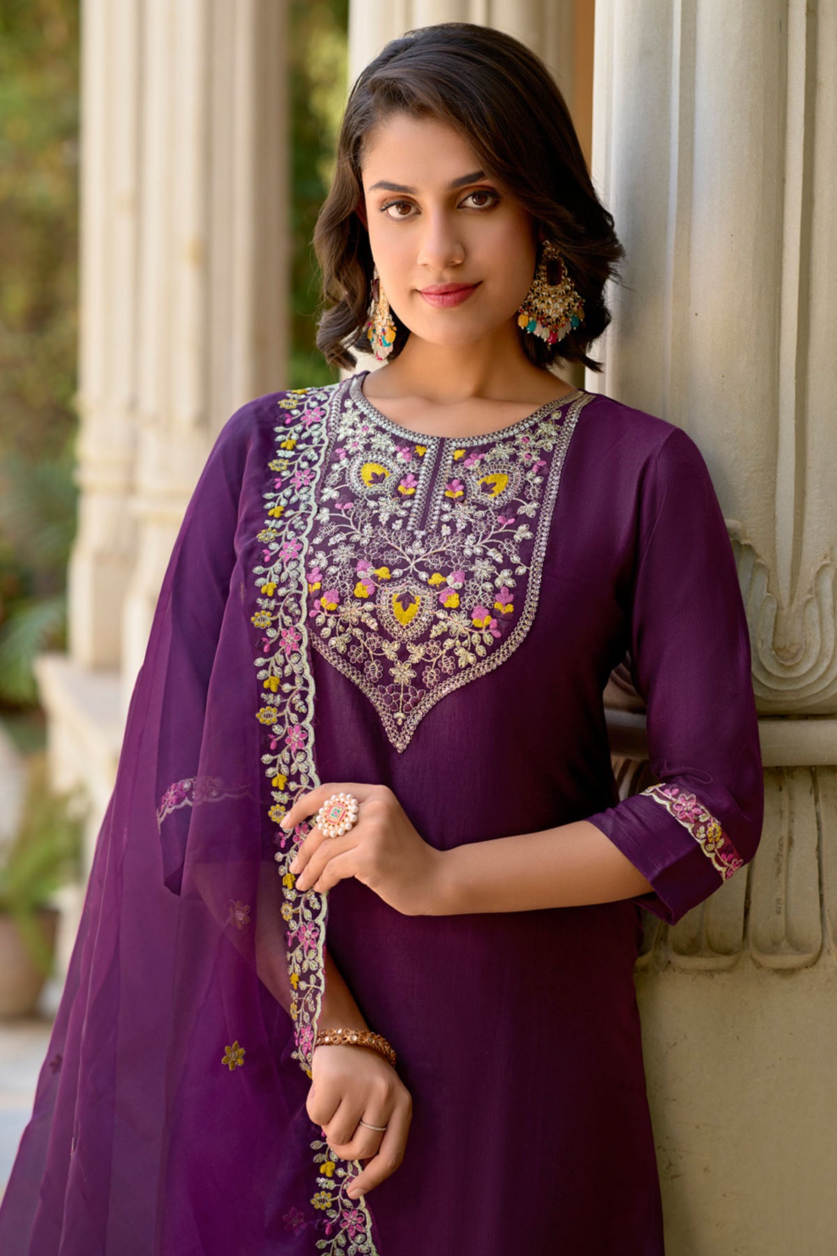 Purple Floral Yoke Kurta Set