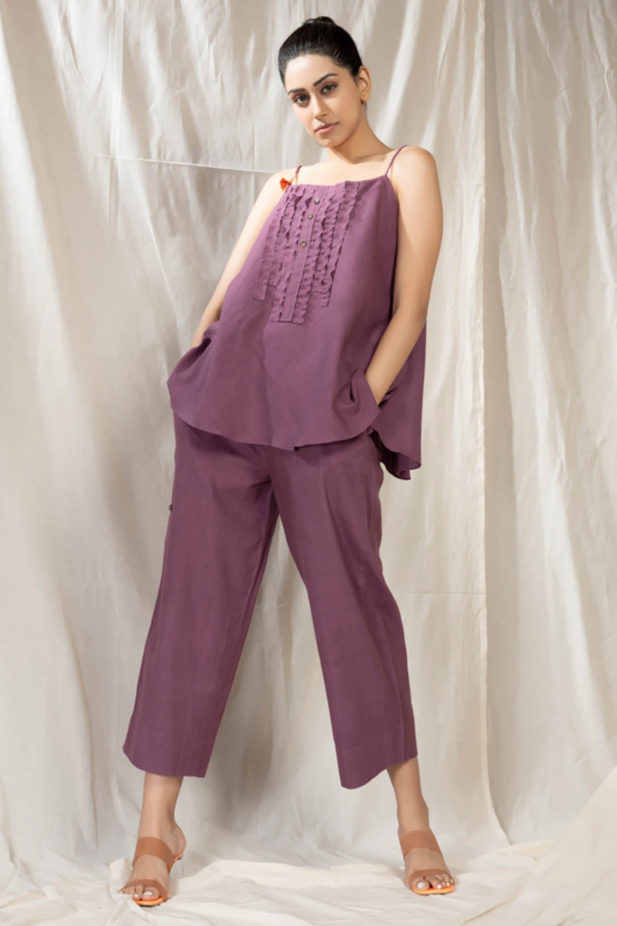 Thread Game Purple Frilled Neck Co-ord Set for women online at ScrollnShops