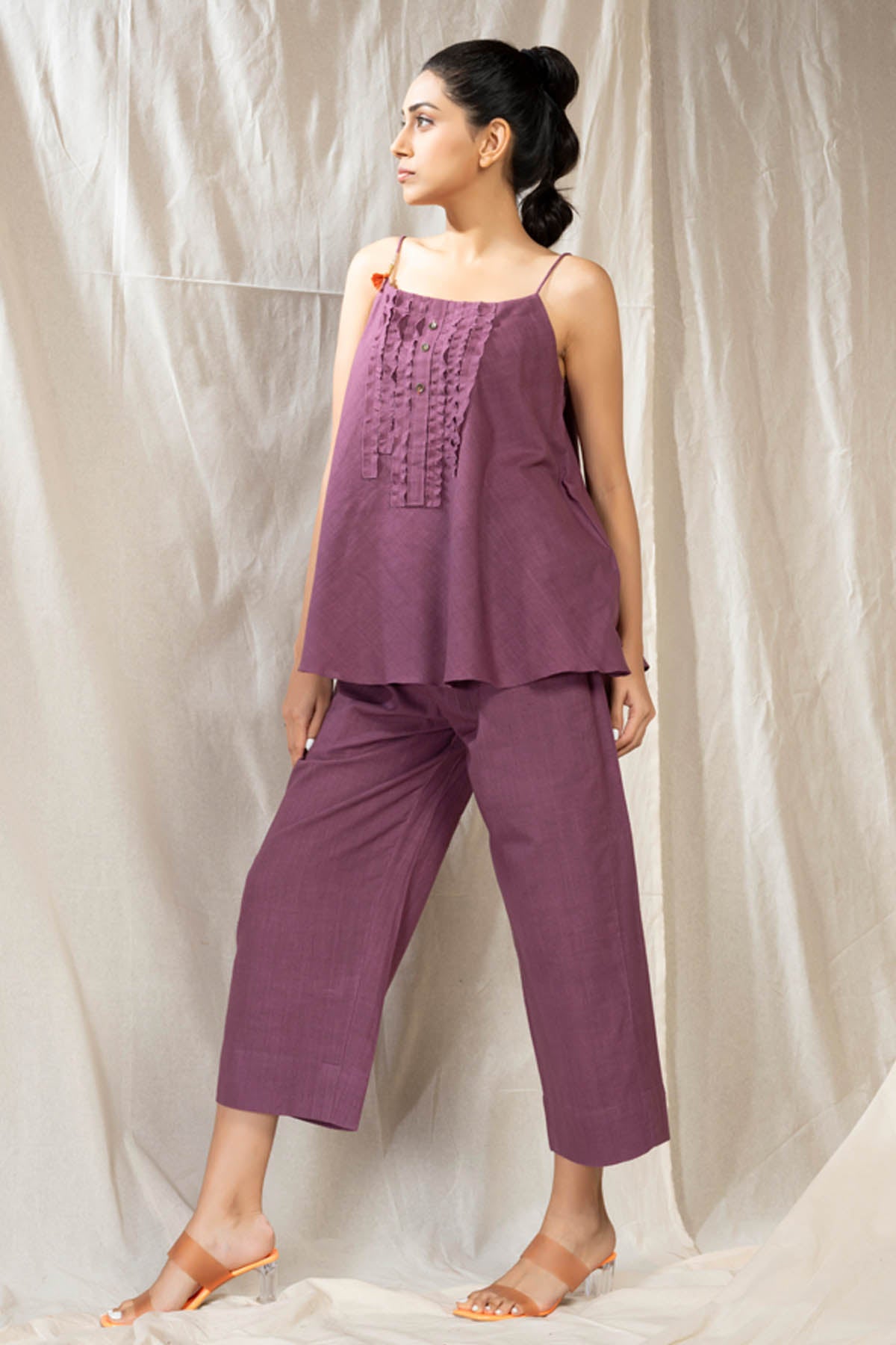 Purple Frilled Neck Co-ord Set