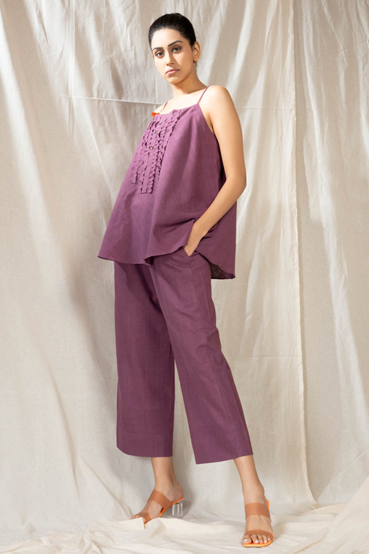 Purple Frilled Neck Co-ord Set