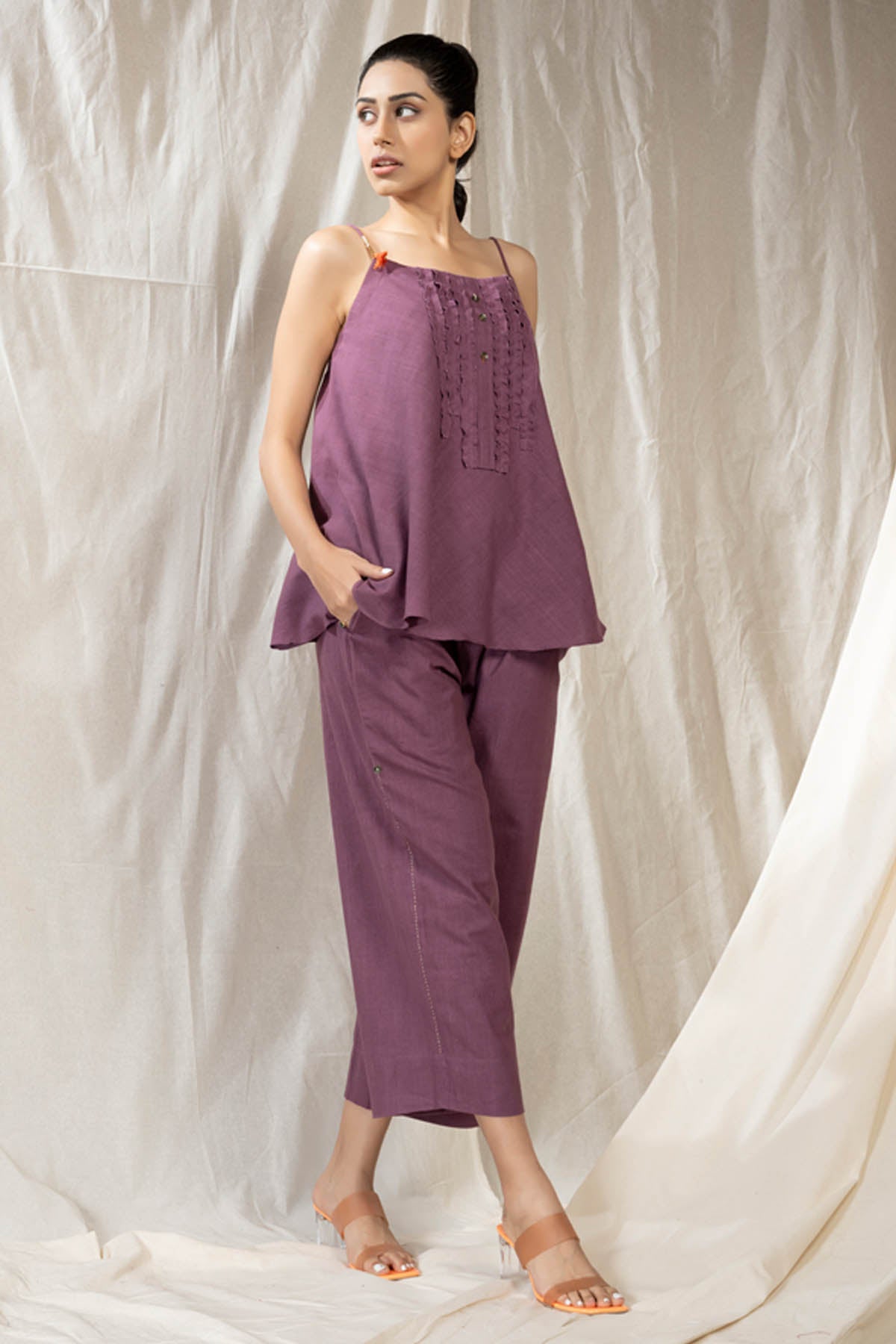 Purple Frilled Neck Co-ord Set