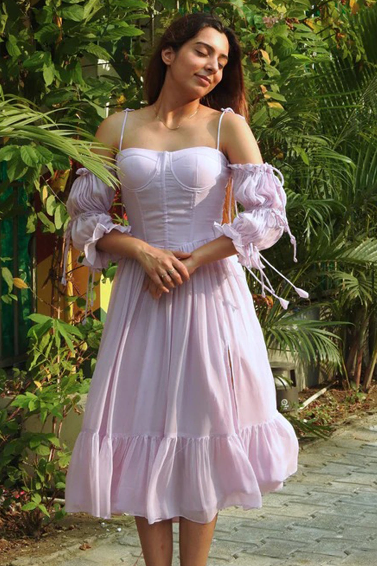 Purple Frilled Slit Midi Dress