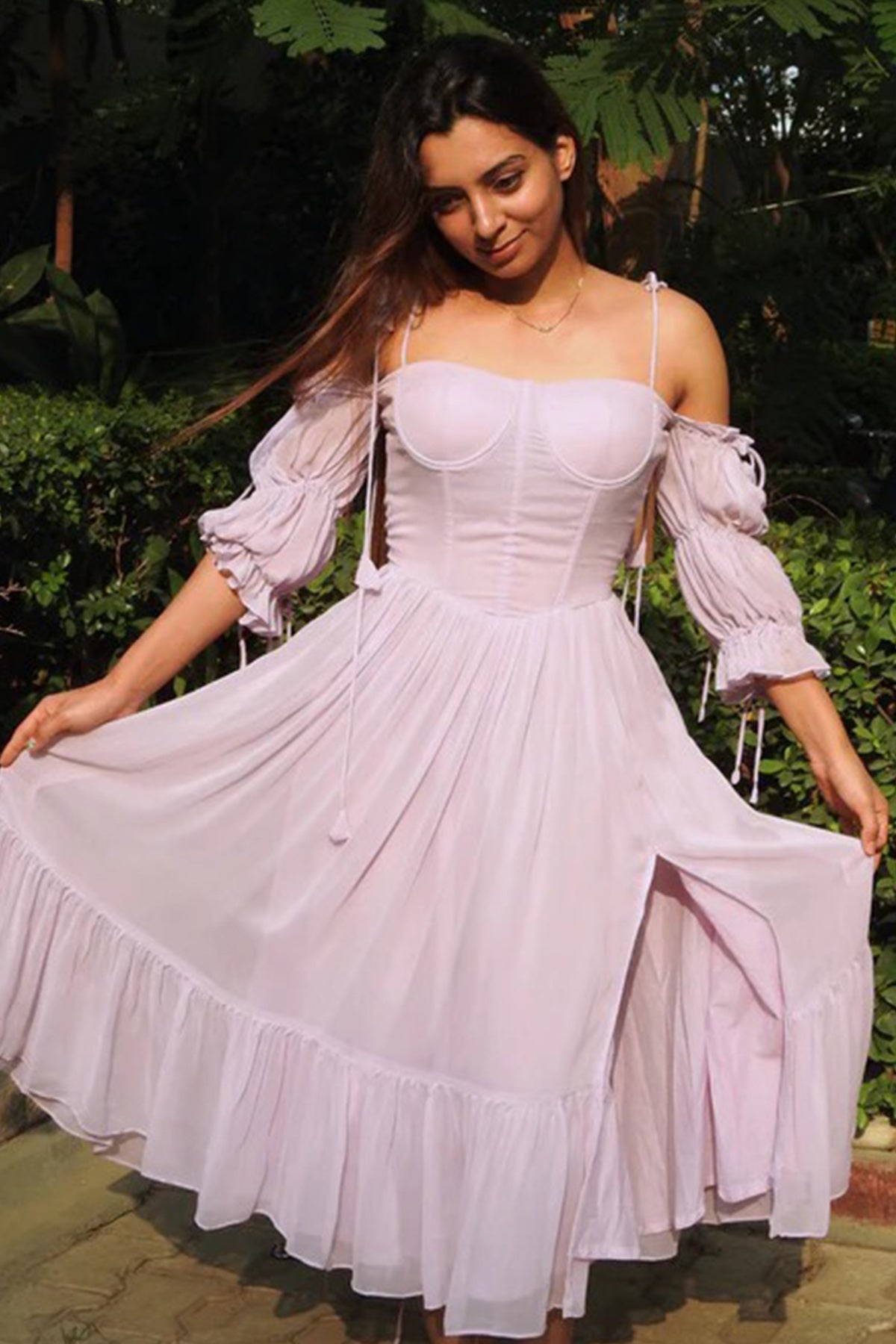 Purple Frilled Slit Midi Dress