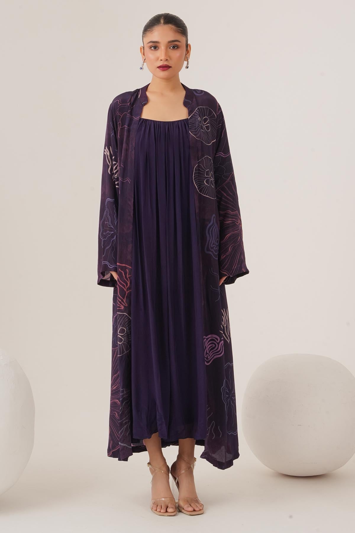 Buy Purple Gathered Dress & Jacket by Shristi Chetani for women online at ScrollnShops