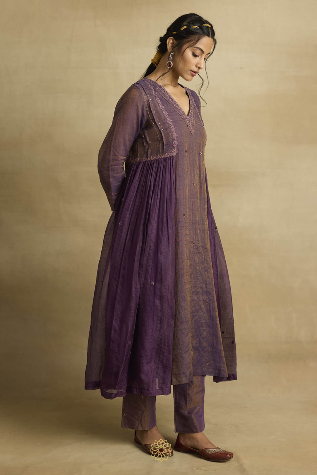 Purple Gathered Flare Kurta Set