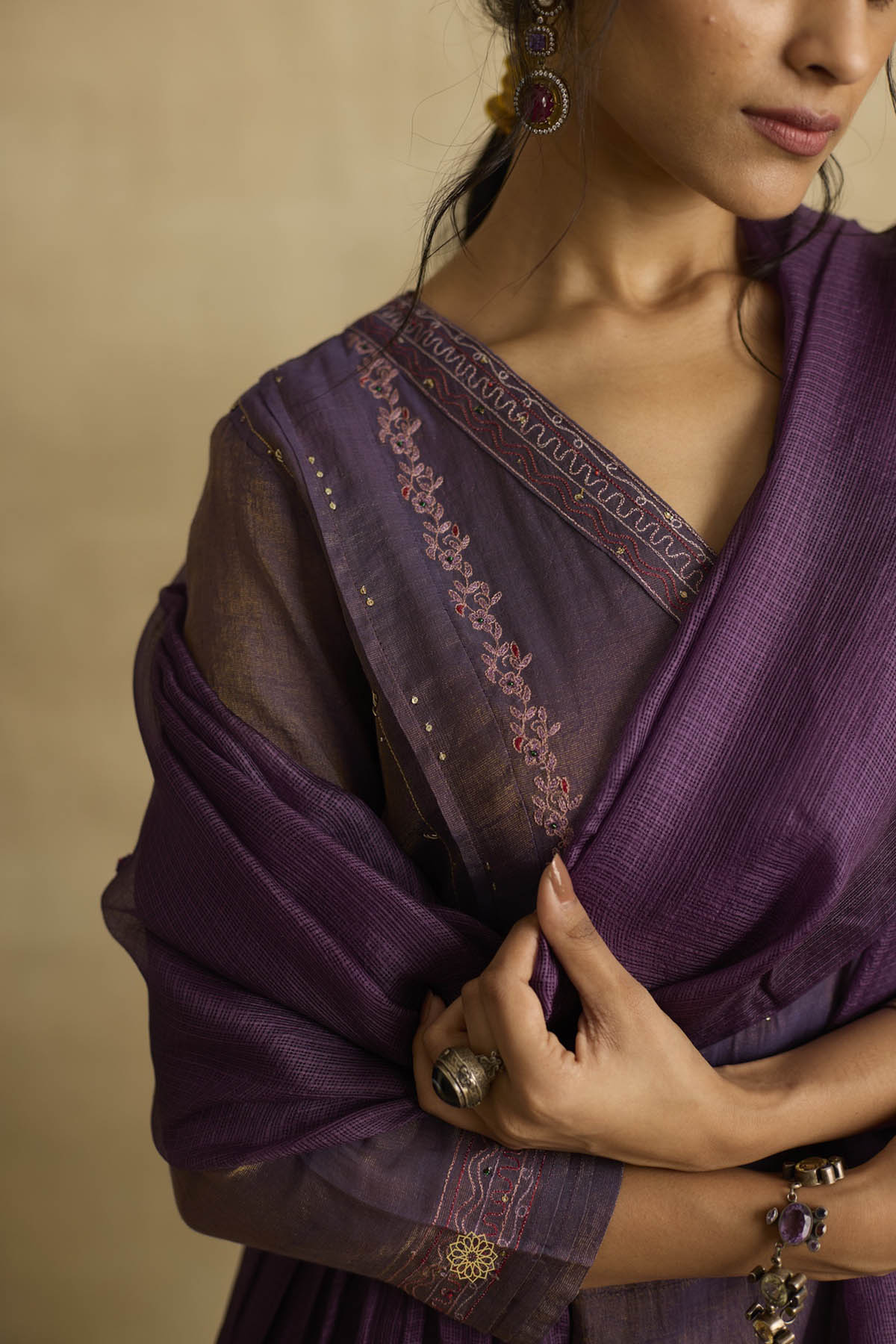 Purple Gathered Flare Kurta Set