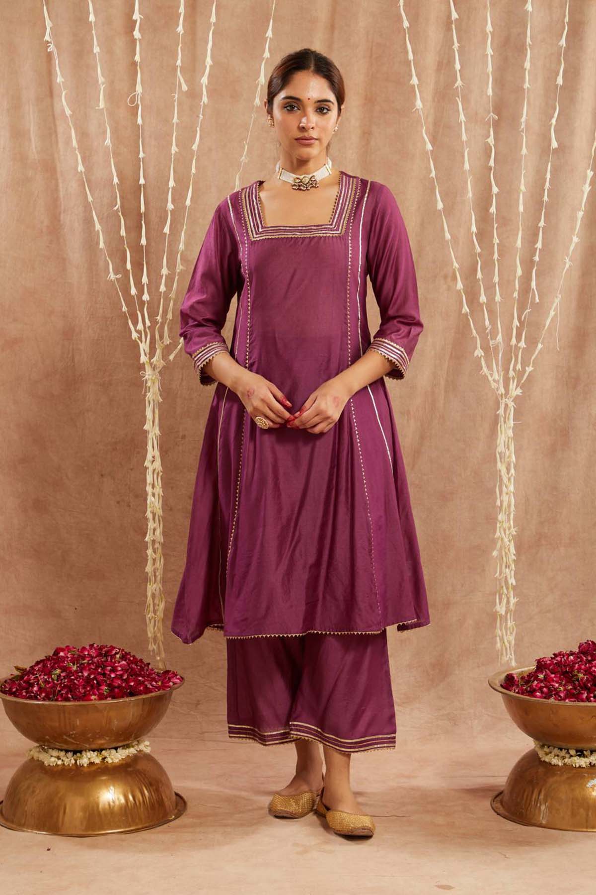 Buy Purple Gota Chanderi Kurta Set by Nero for women online at ScrollnShops