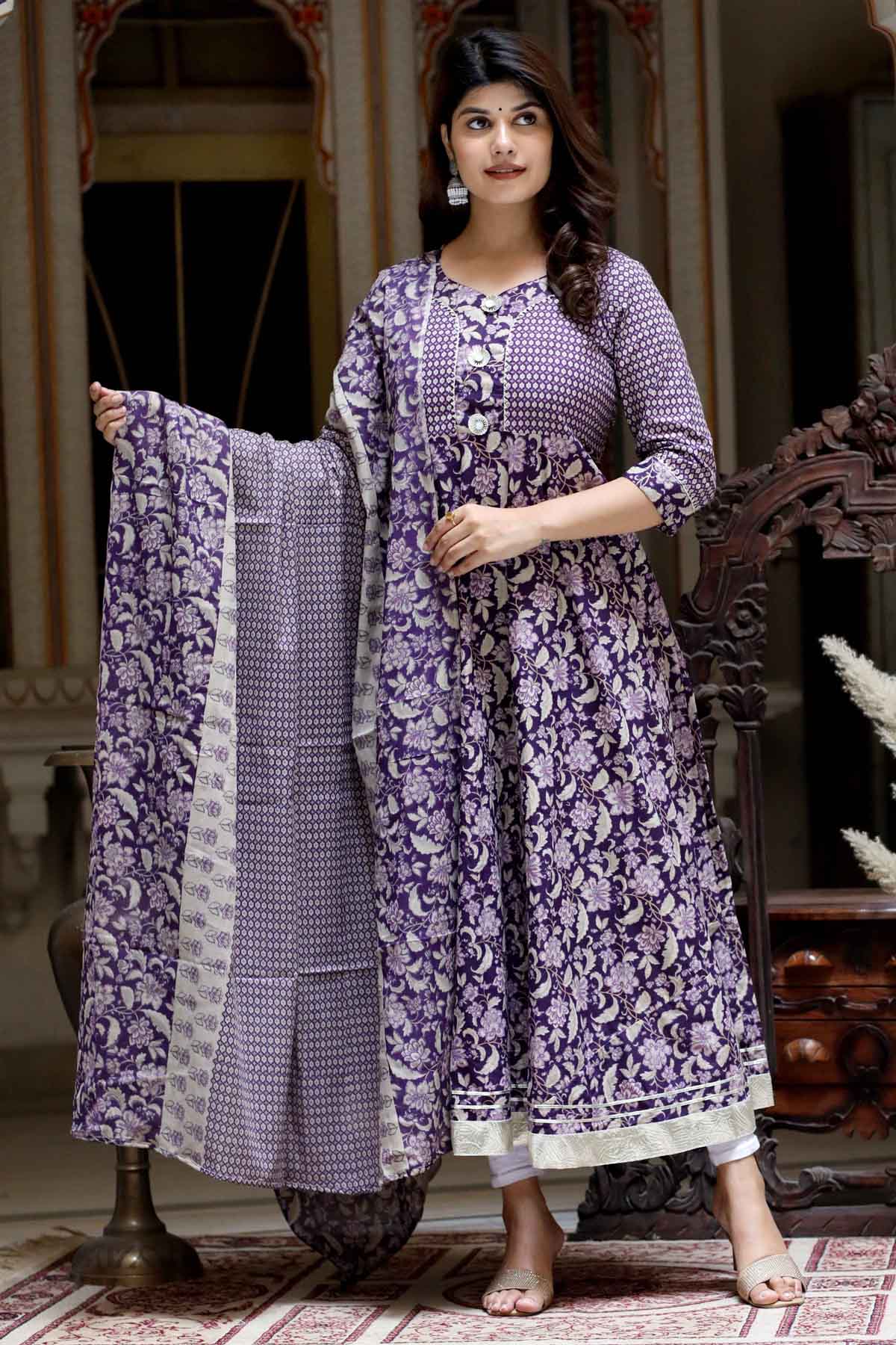 Buy Purple Gota Lace Kurta & Dupatta by Miravan for women online at ScrollnShops