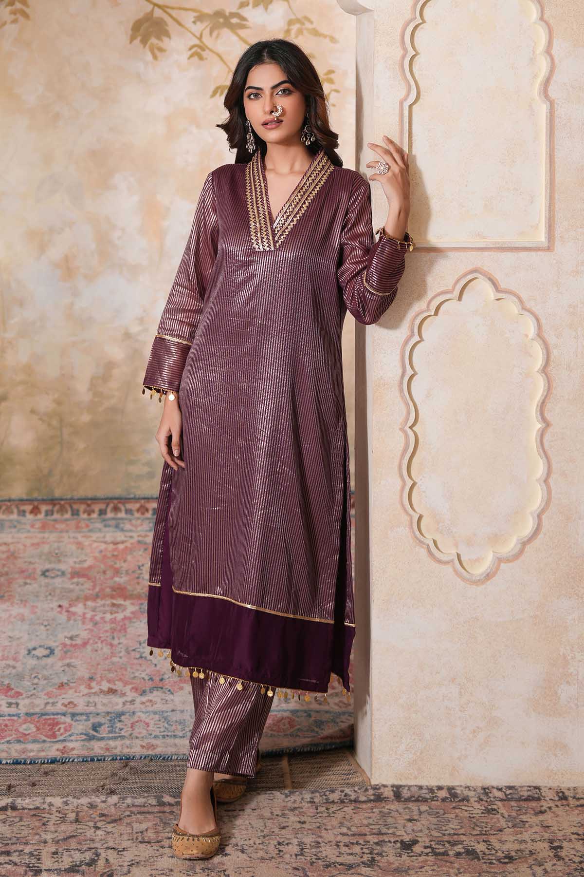 Buy Purple Gota Work Kurta & Pants by Ugna by Unnati for women online at ScrollnShops