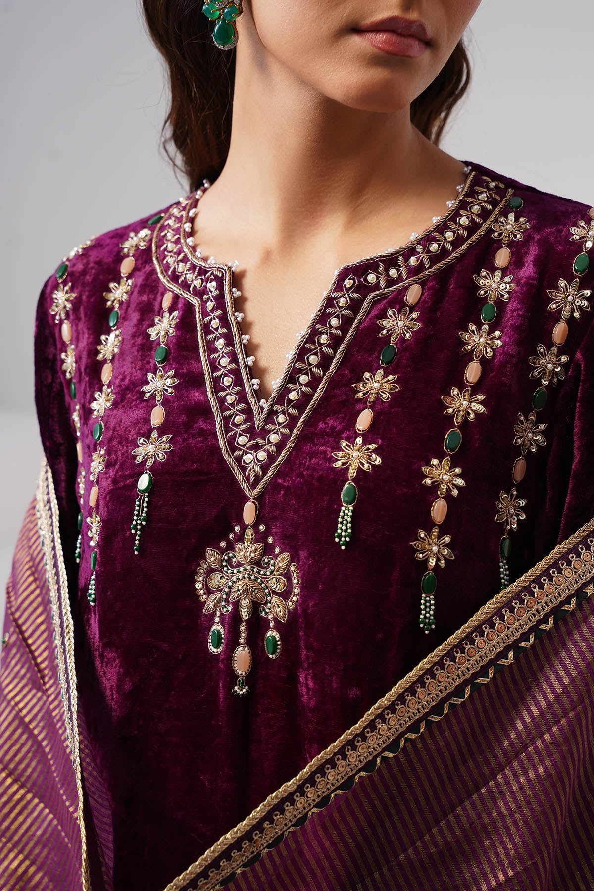 Purple & Green Velvet Kurta Set