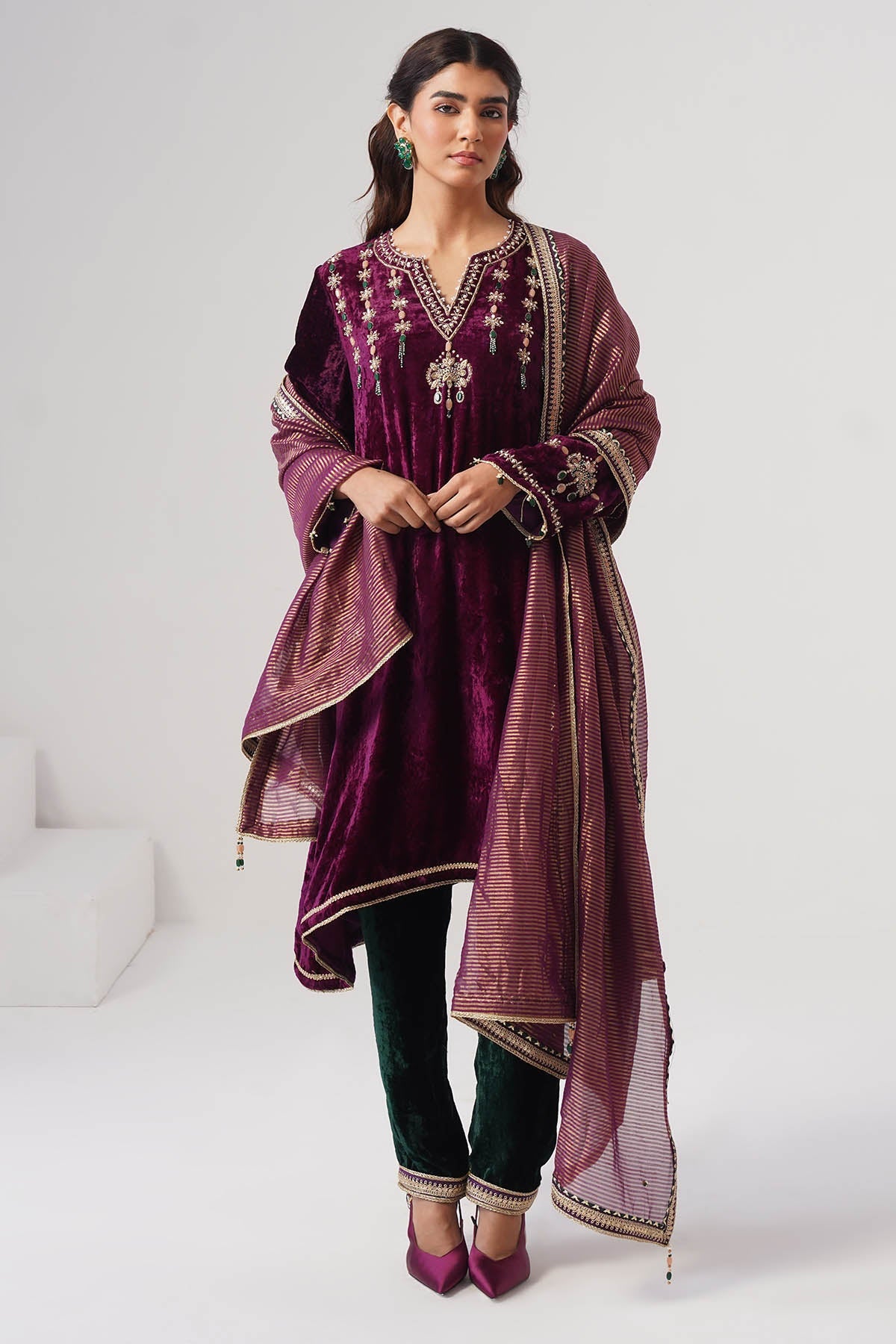 Buy Purple & Green Velvet Kurta Set for women by Ugna by Unnati online available at scrollnshops