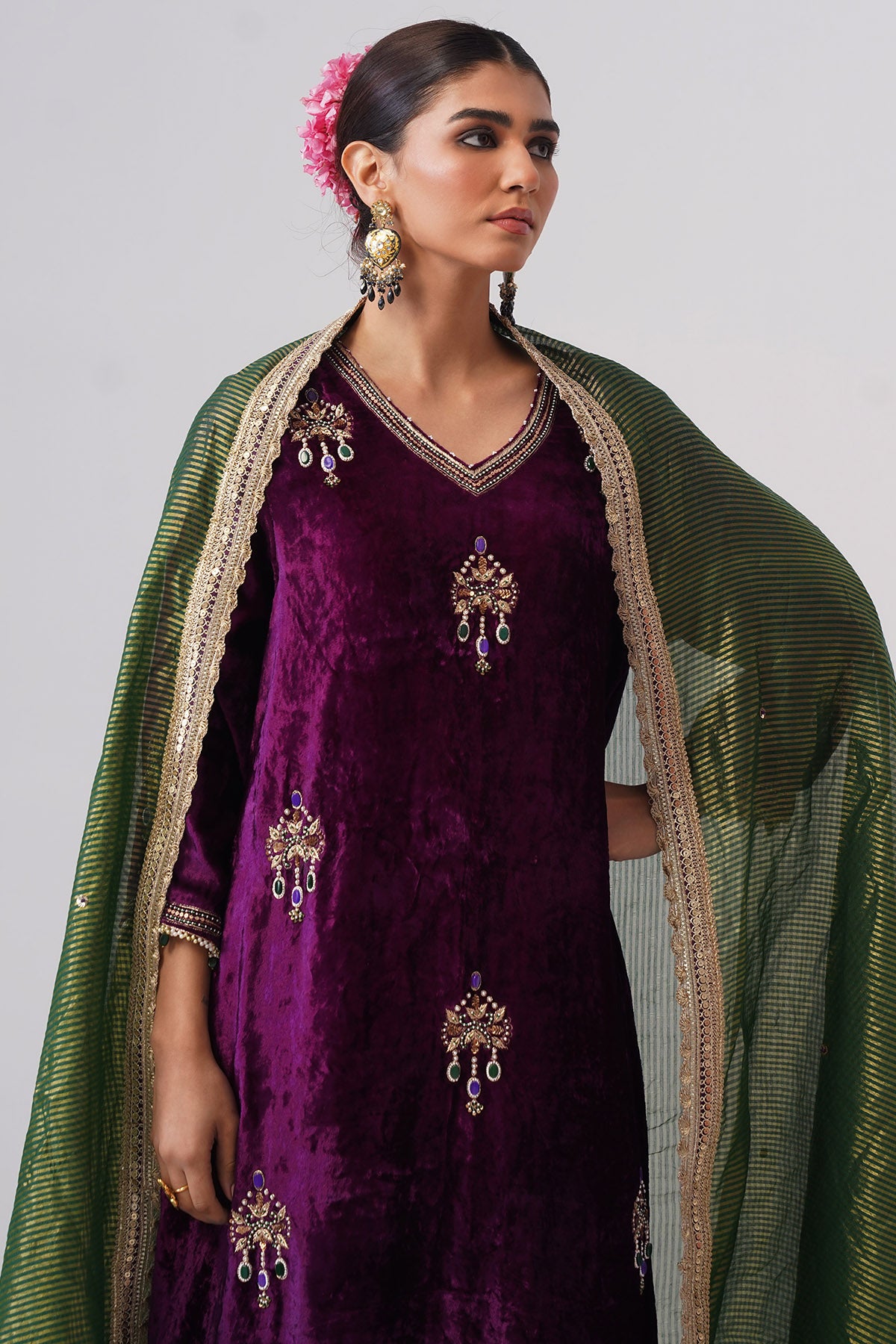 Purple Green Zardozi Kurta Set