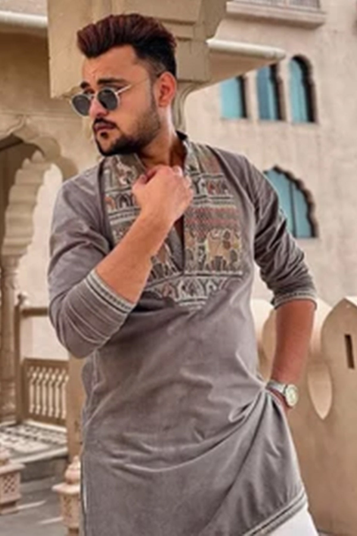 Purple & Grey Embroidery Kurta