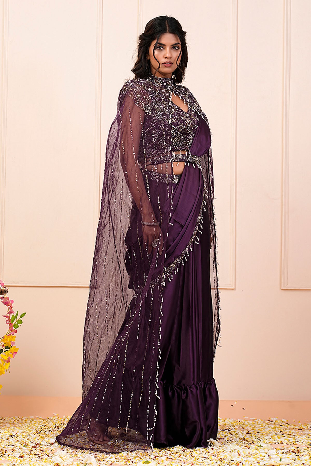 Purple Hand Embroidered Saree