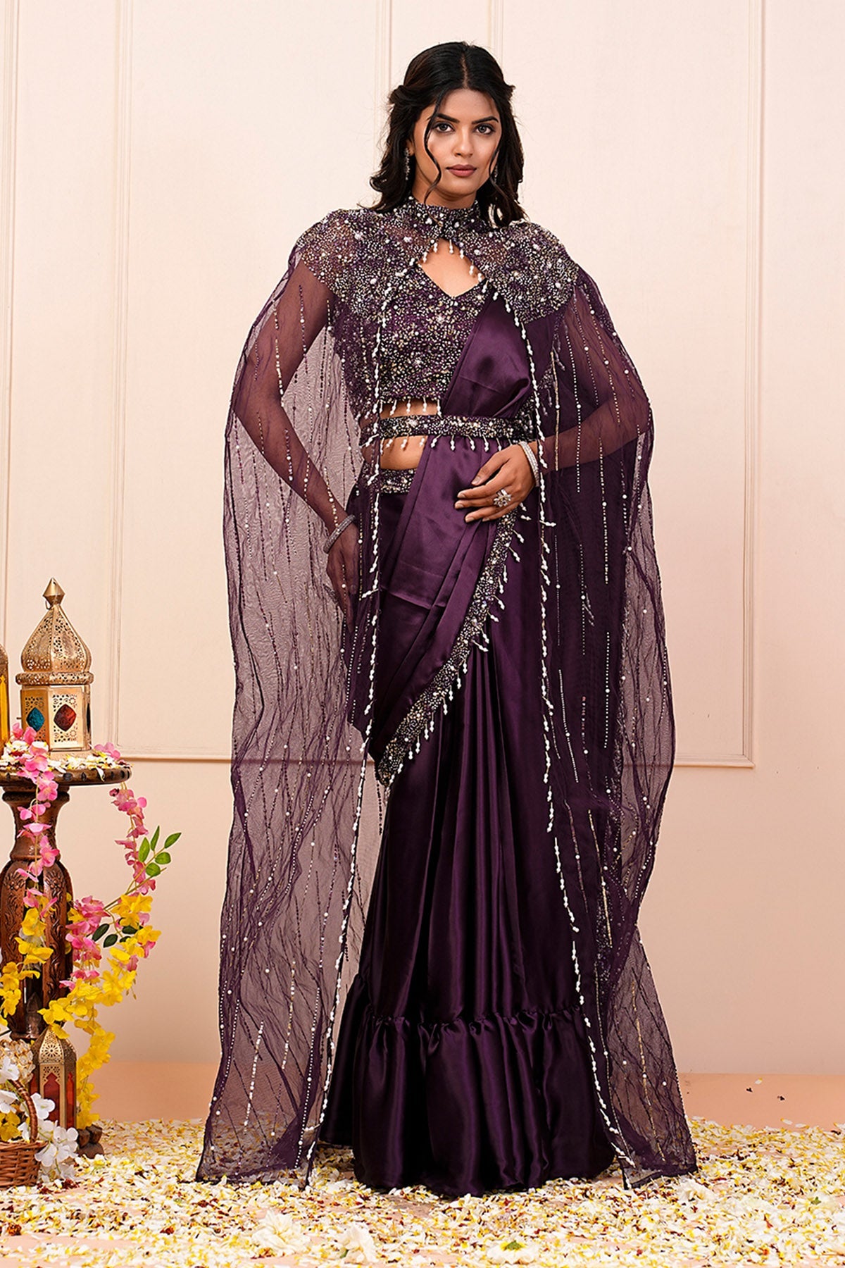Buy Purple Hand Embroidered Saree by Namita Sharma for women online at ScrollnShops