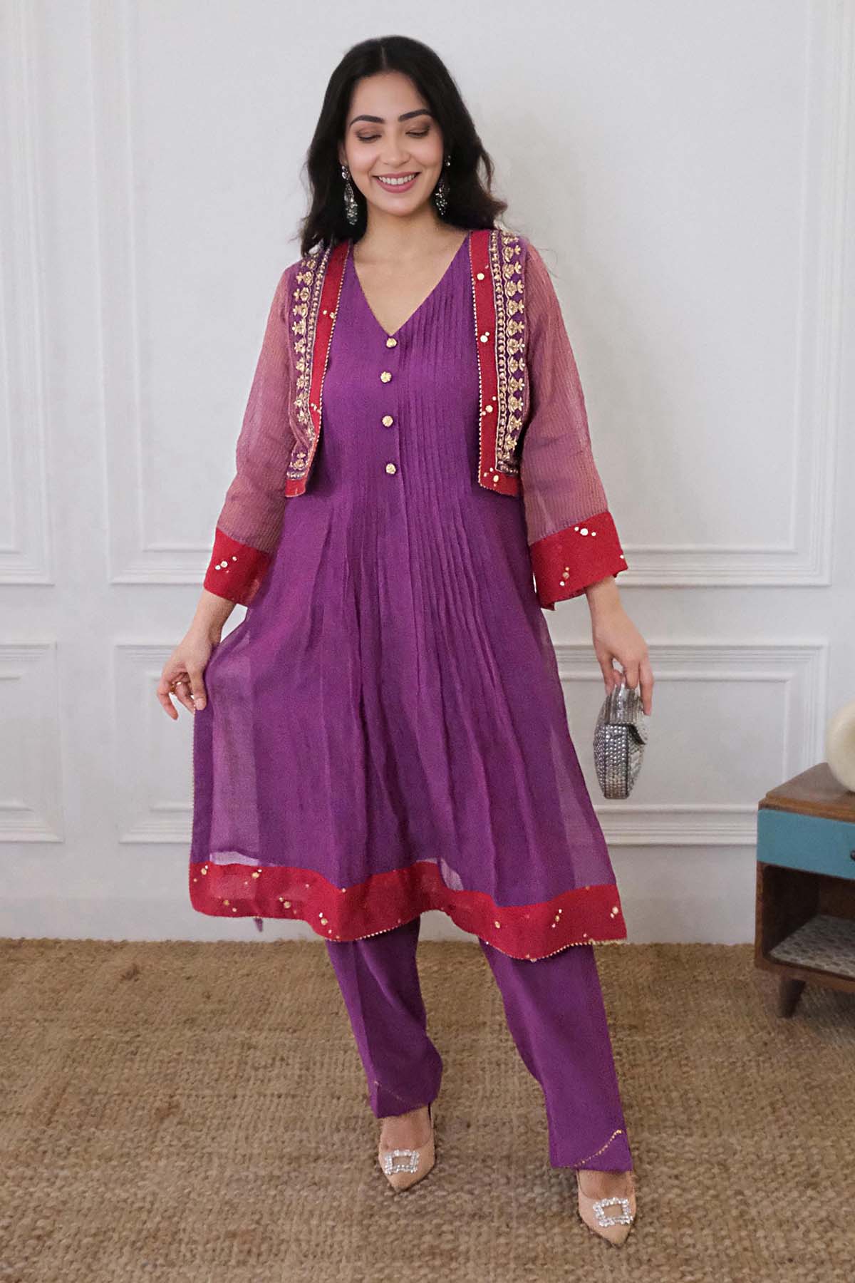 Purple Jacket Style Kurta Set