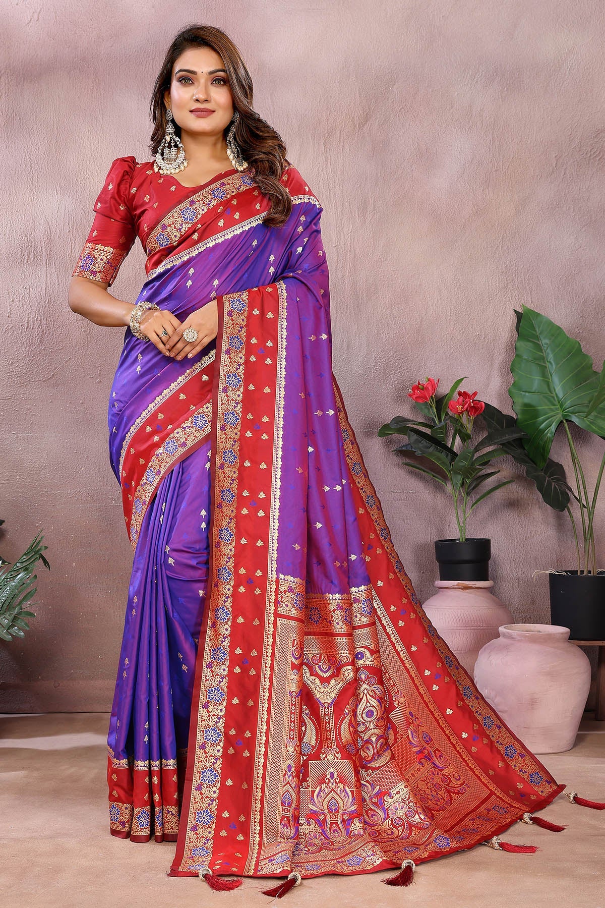 Buy Purple Kalamkari Woven Saree for women by Aastha Fashion online available at scrollnshops