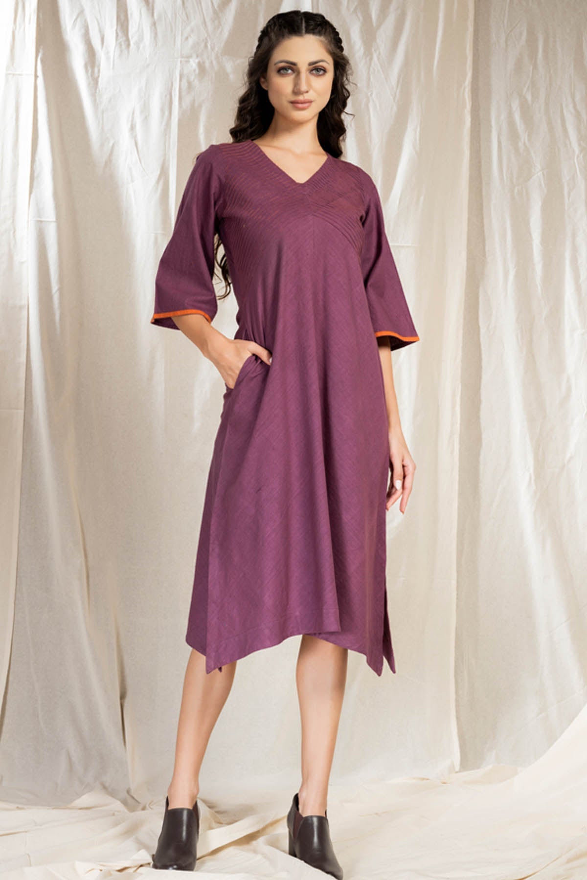 Thread Game Purple Handwoven Cotton Pintuck Midi Dress for women online at ScrollnShops