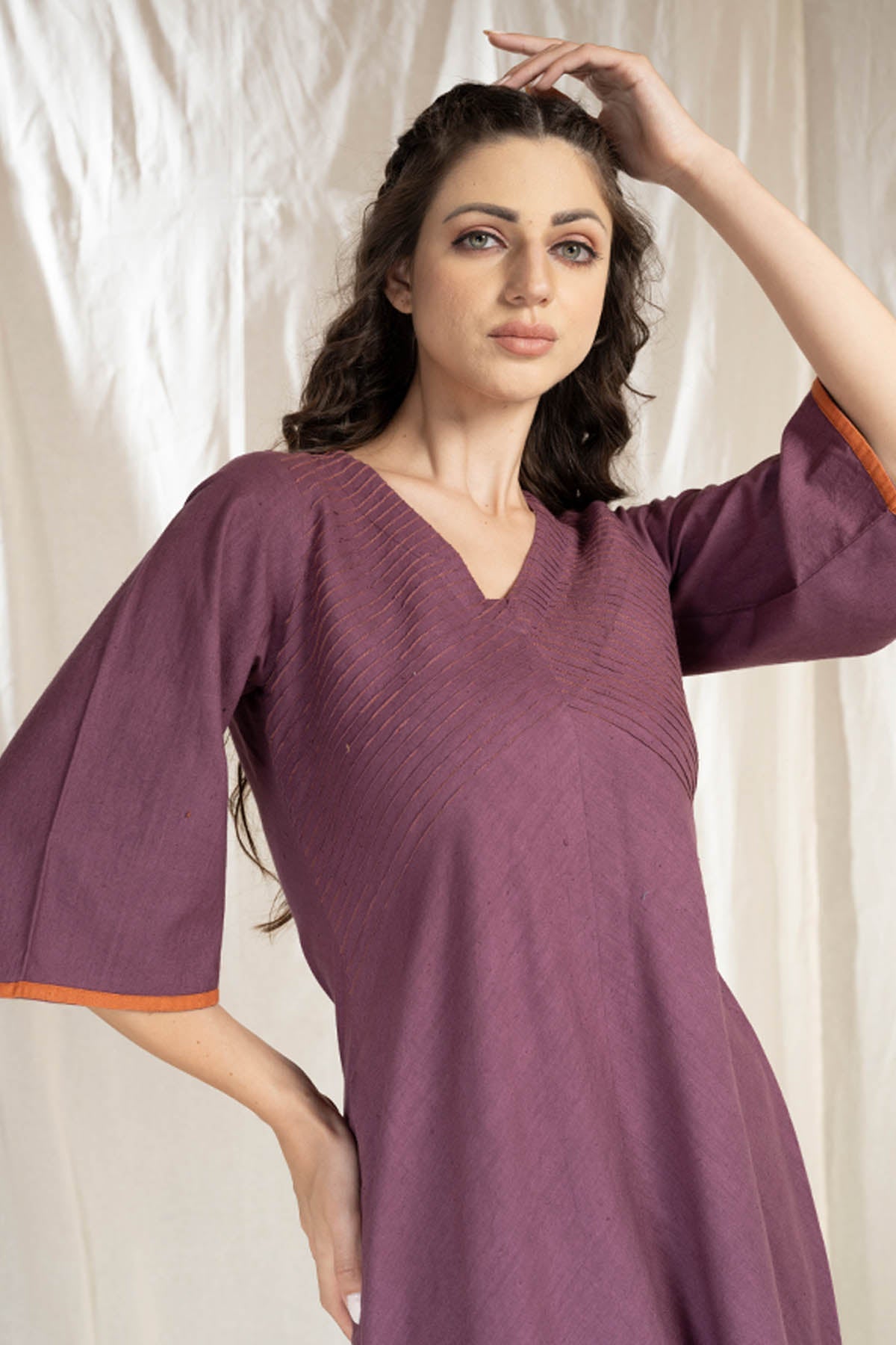 Purple handwoven Cotton Pintuck Midi Dress