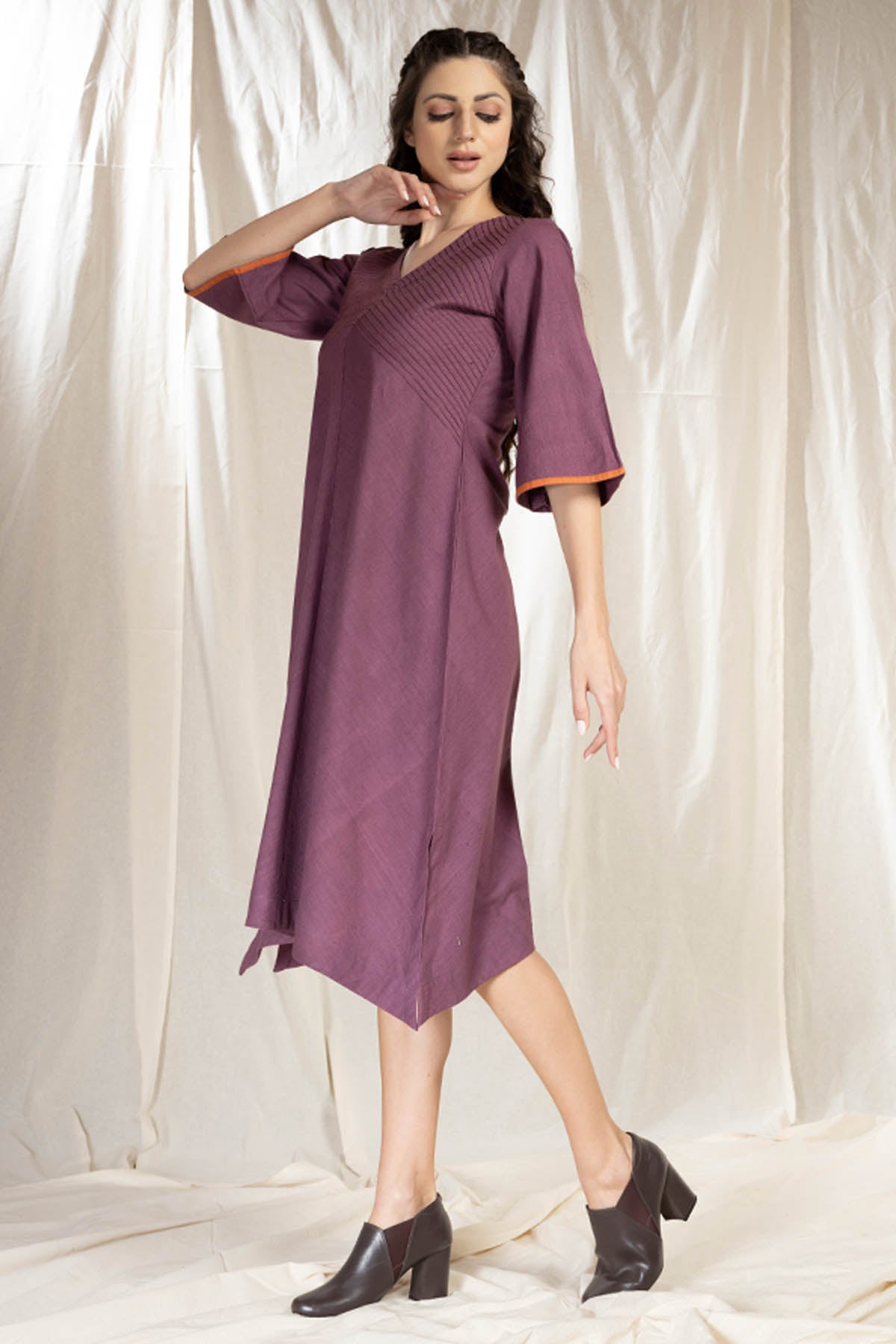 Purple handwoven Cotton Pintuck Midi Dress