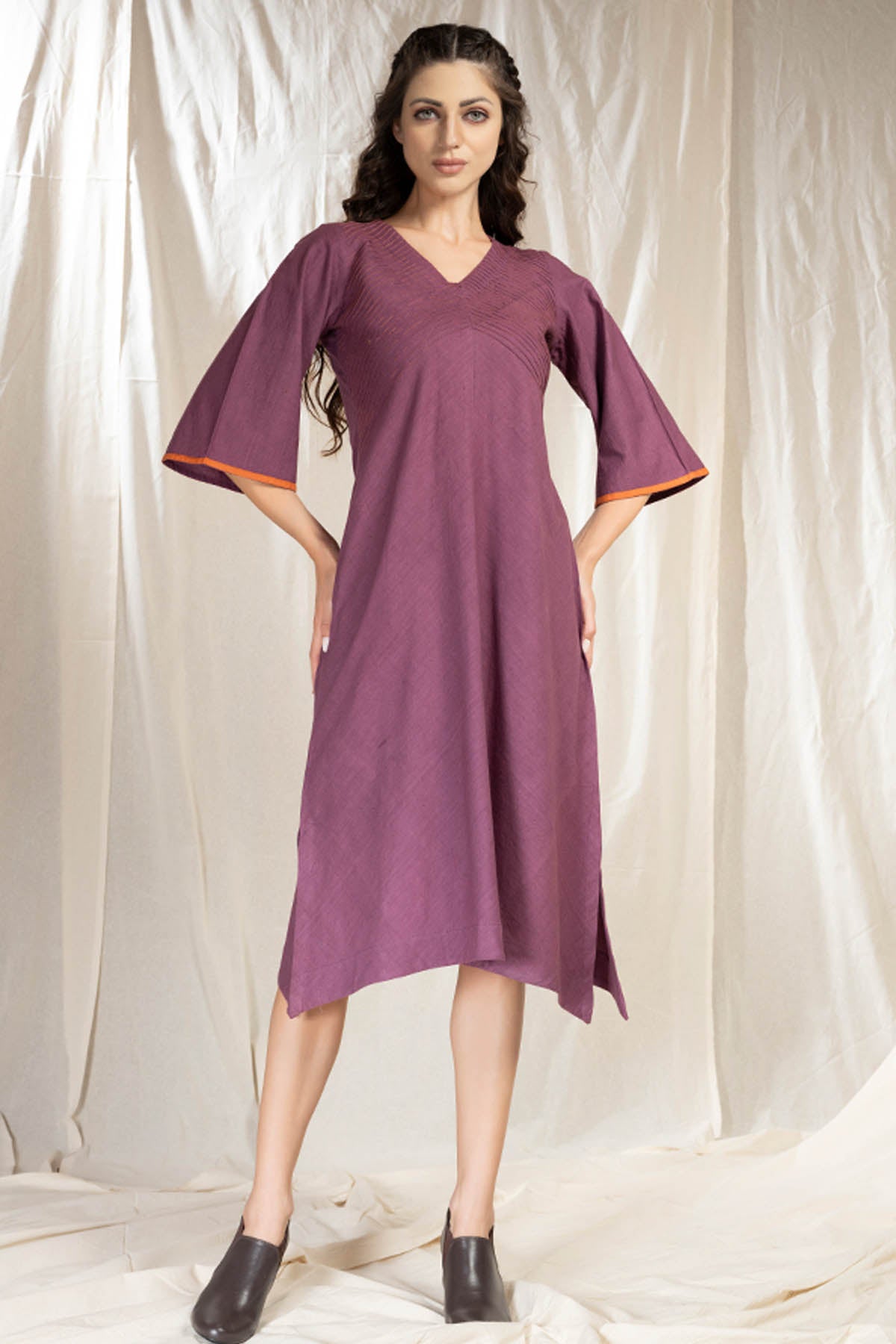 Purple handwoven Cotton Pintuck Midi Dress