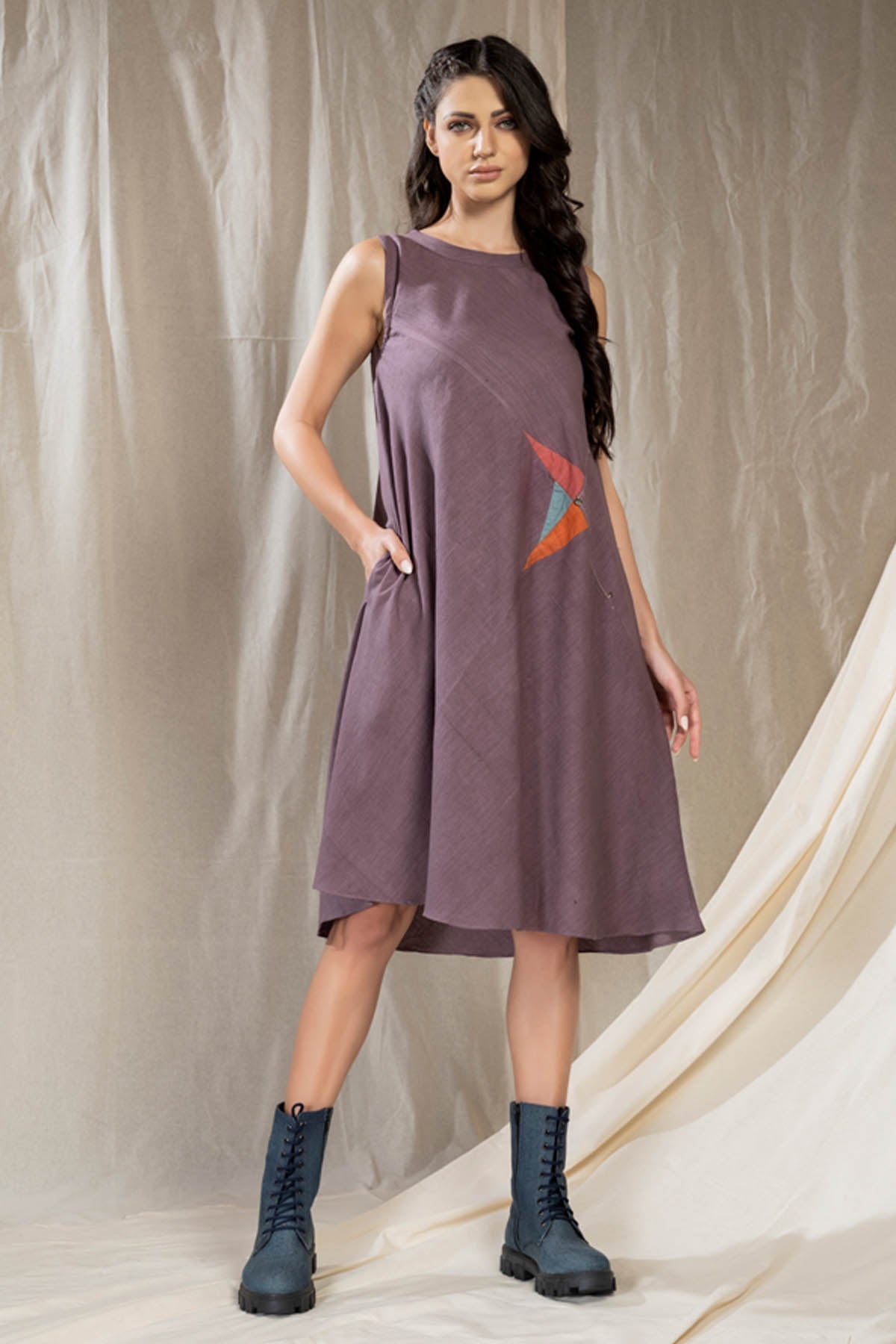 Thread Game Purple Khadi Sleeveless Dress for women online at ScrollnShops