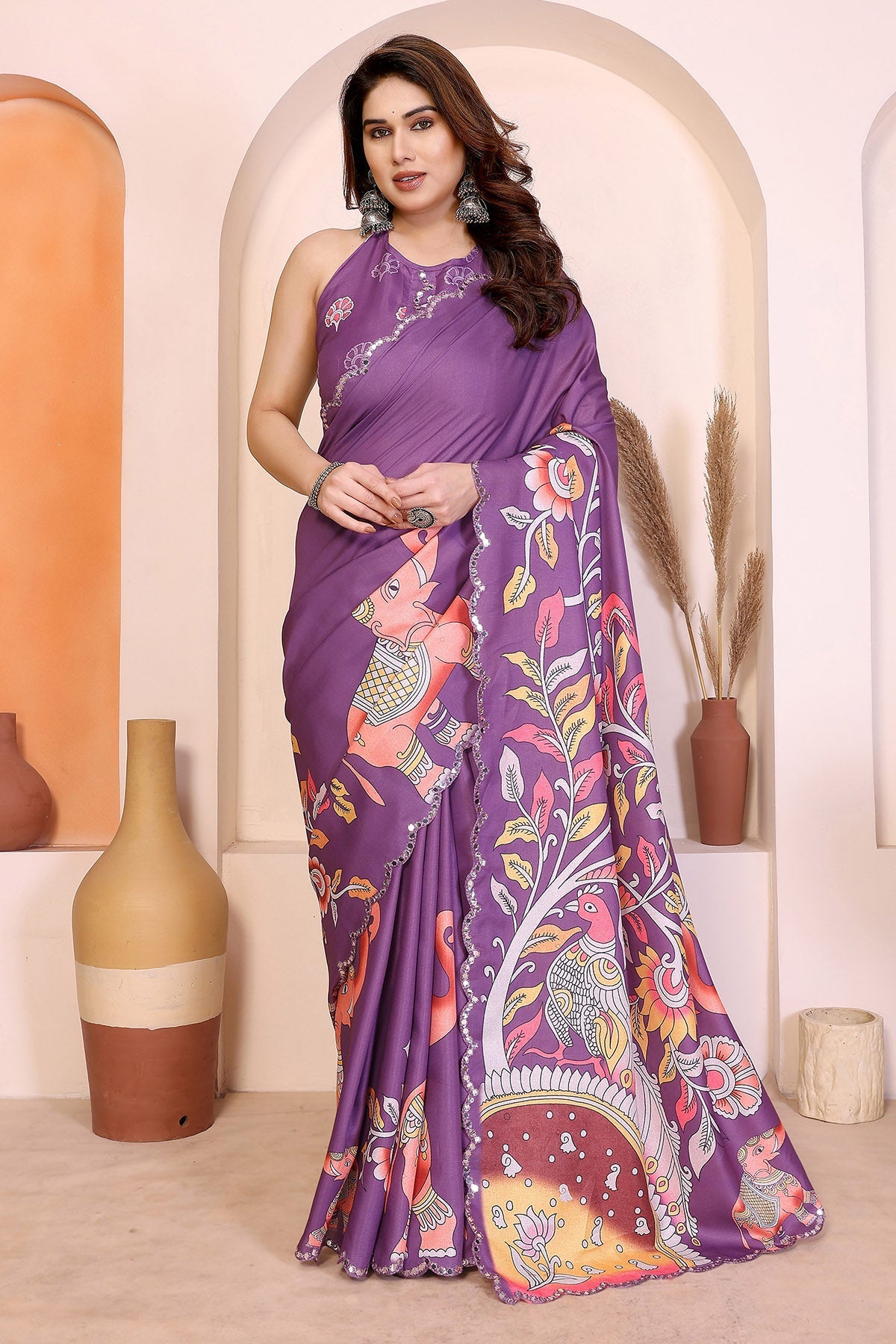 Buy Purple Manipuri Kalamkari Saree for women by Aastha Fashion online available at scrollnshops
