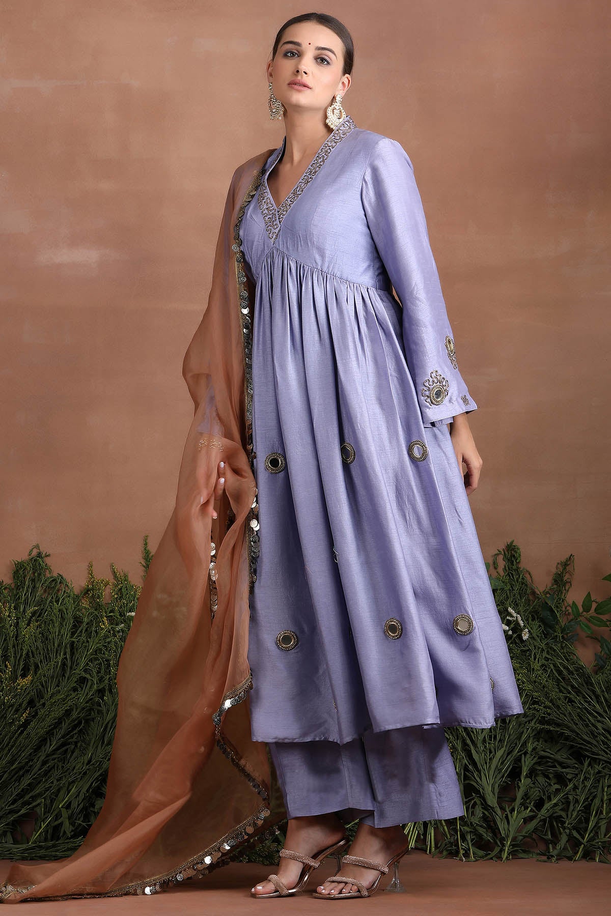 Purple Mirror Work Anarkali Set