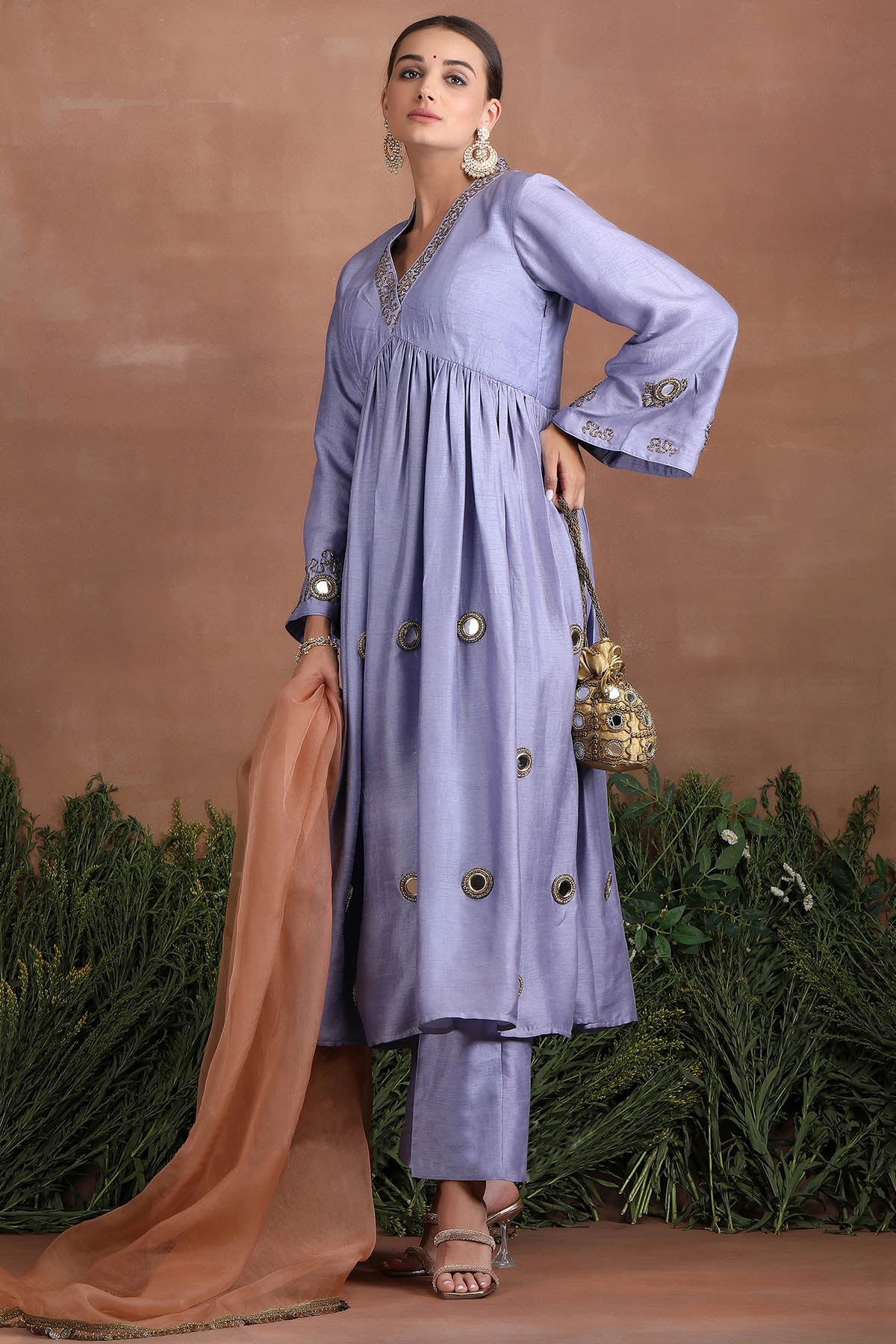 Purple Mirror Work Anarkali Set