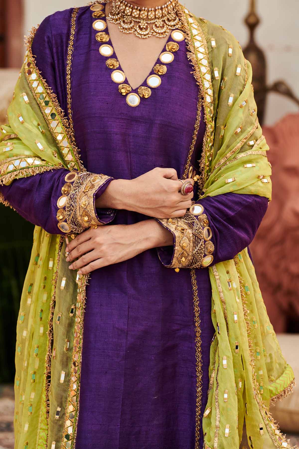 Purple Mirror Work Kurta Set