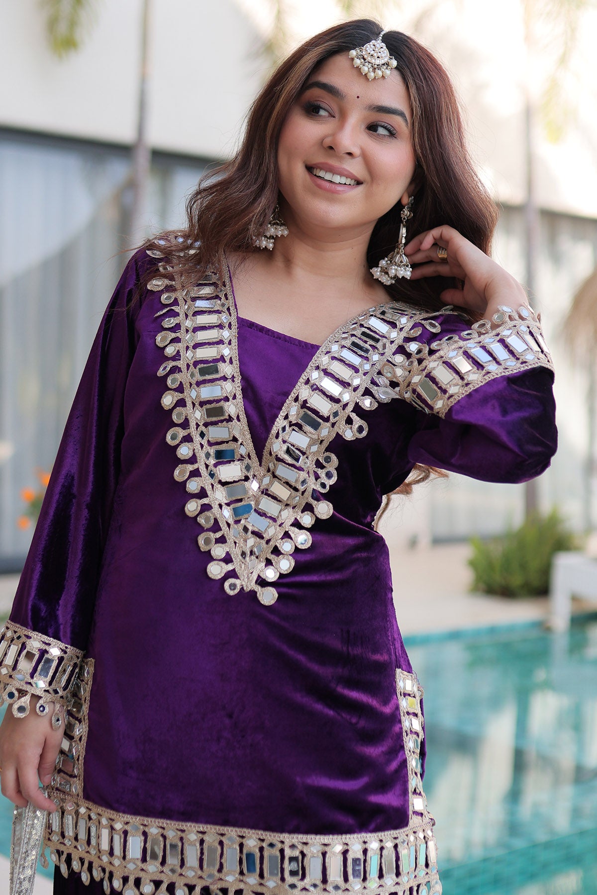 Purple Mirror Work Kurta Set