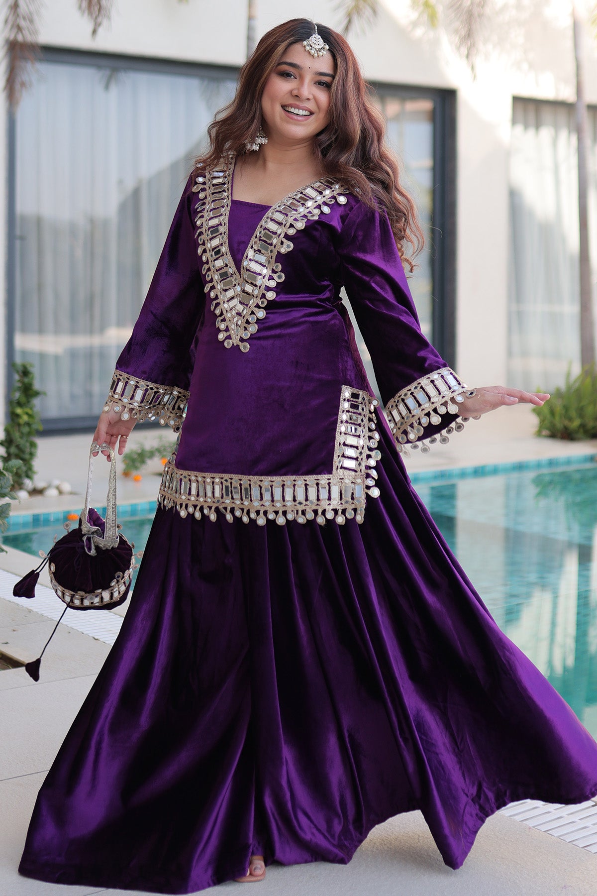 Purple Mirror Work Kurta Set