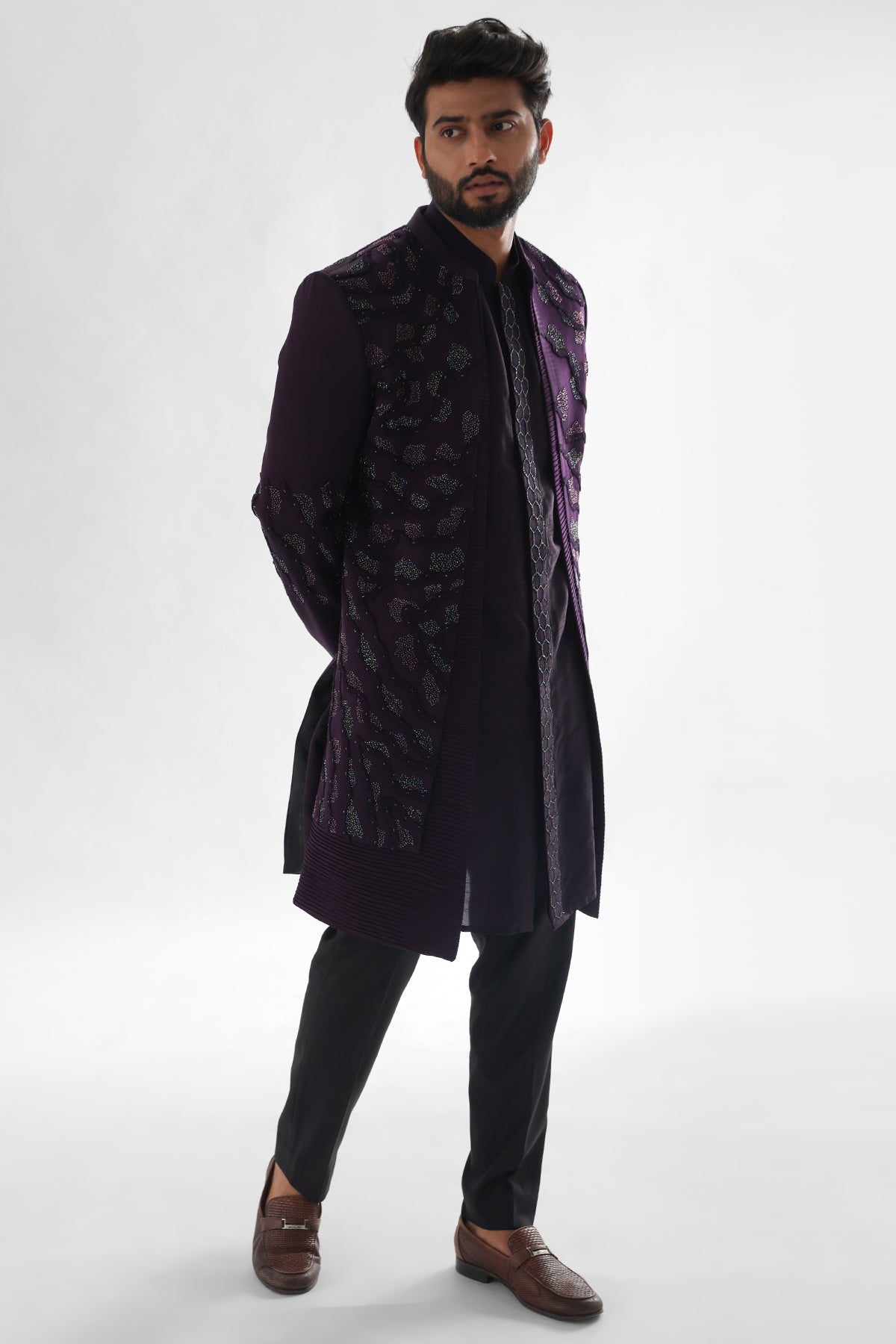 Purple Modal Satin Achkan Set