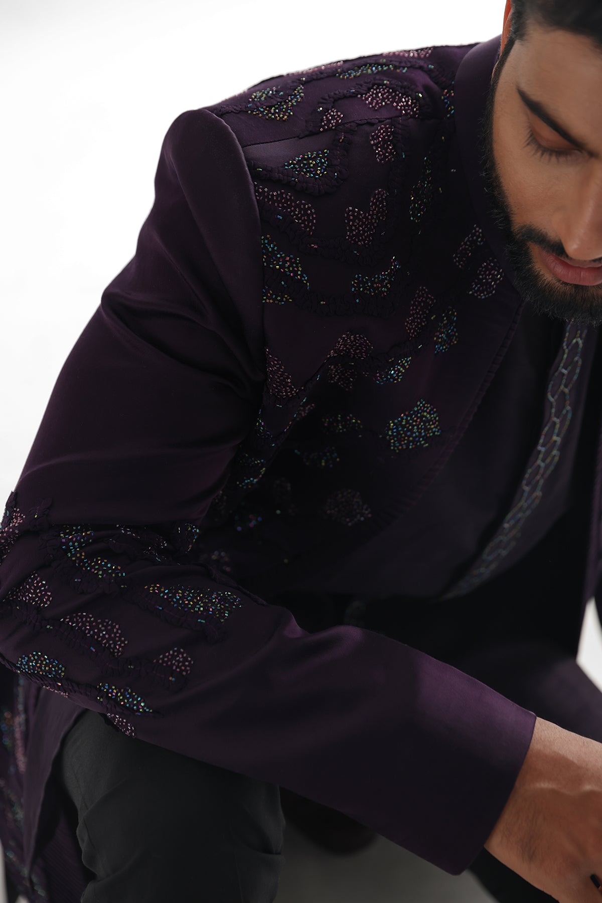 Purple Modal Satin Achkan Set