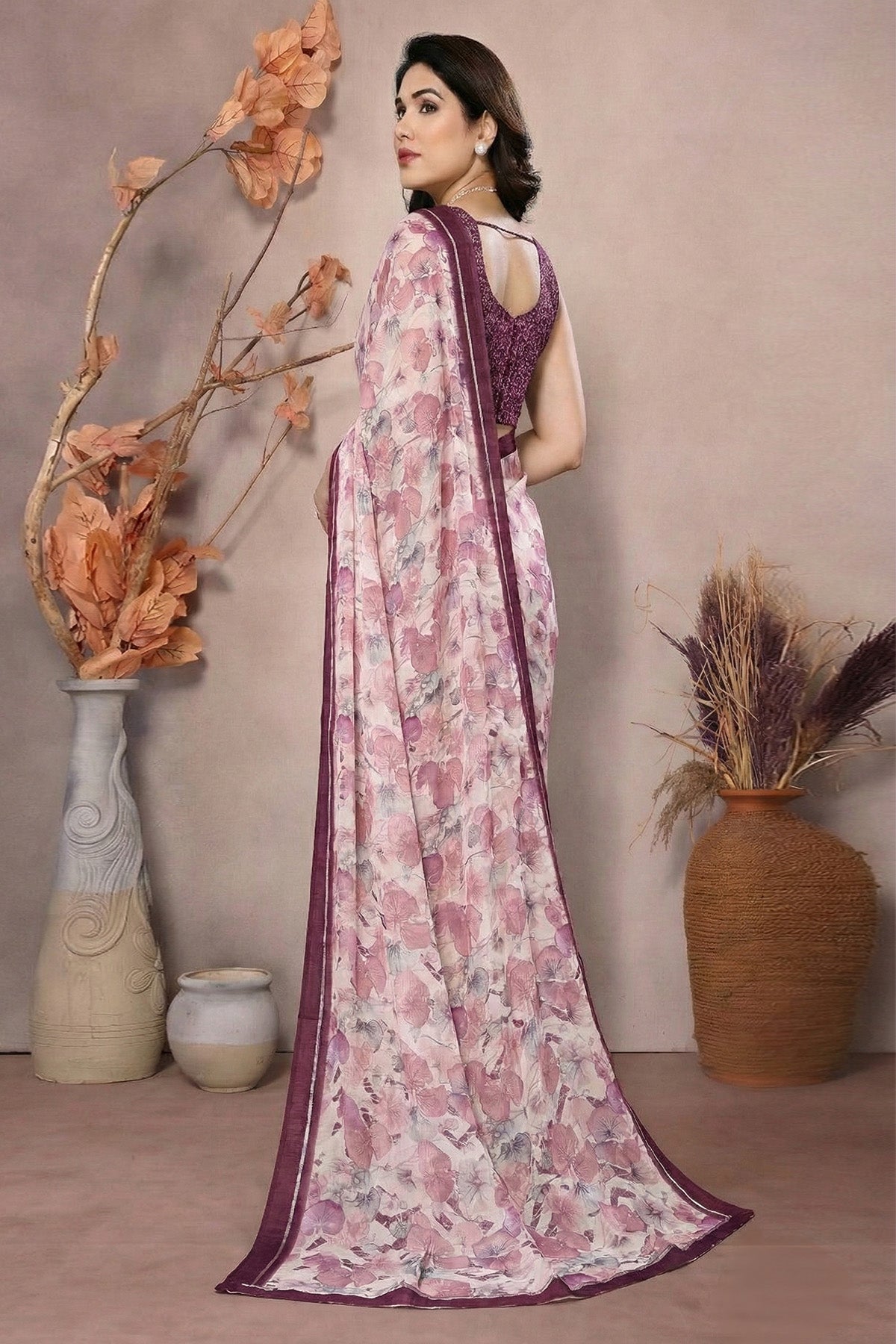 Purple Moss Satin Printed Saree