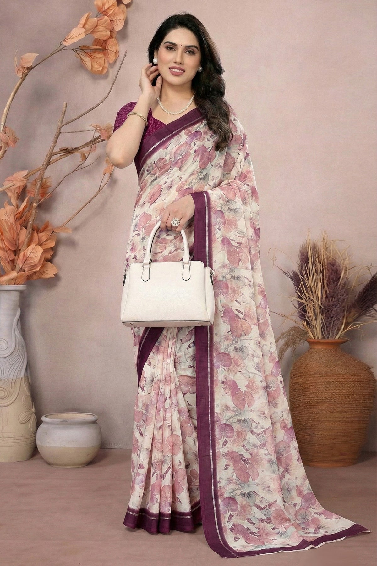 Purple Moss Satin Printed Saree