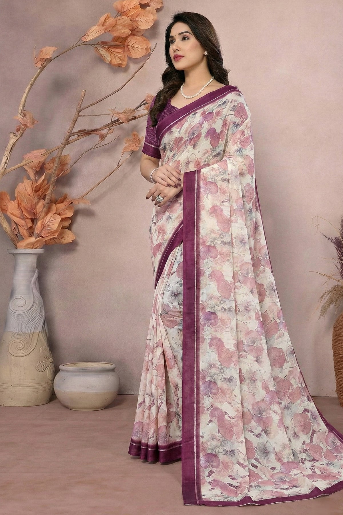 Buy Purple Moss Satin Printed Saree for women by Aastha Fashion online available at scrollnshops