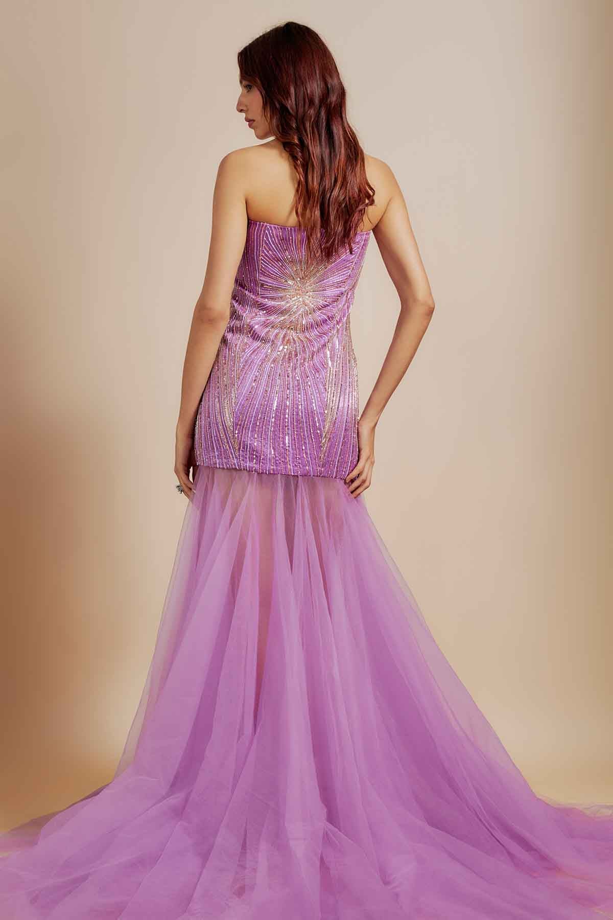 Purple Off Shoulder Flared Gown