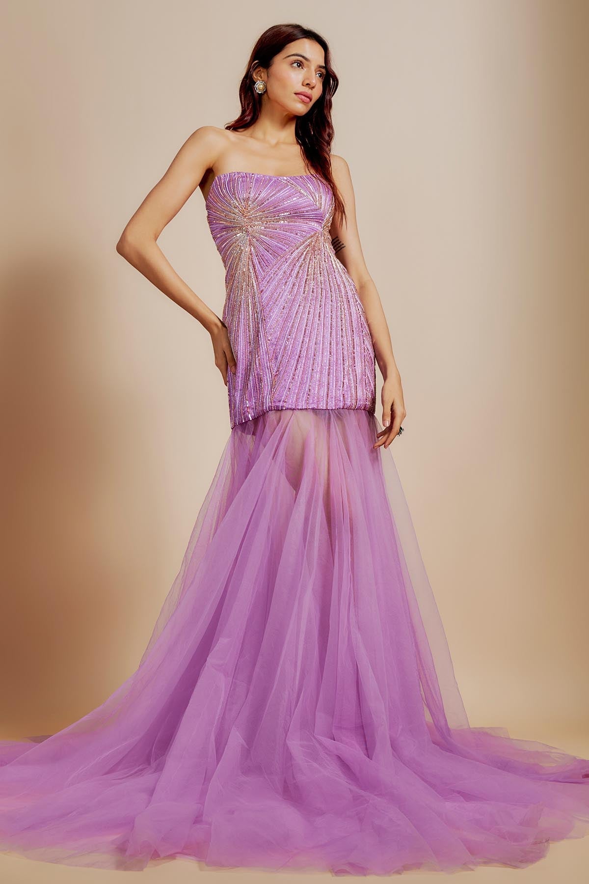 Buy Purple Off Shoulder Flared Gown by Masumi Mewawalla for women online at ScrollnShops