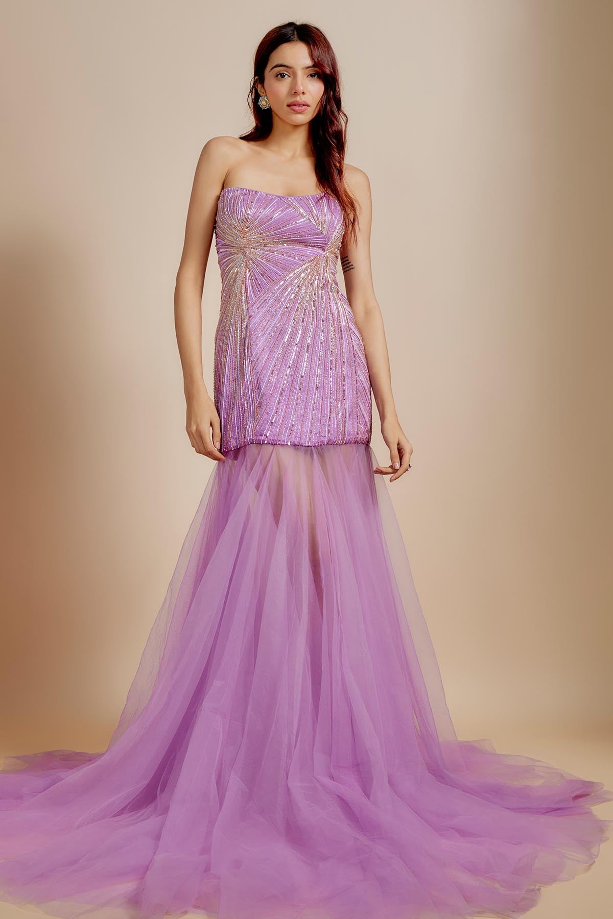 Purple Off Shoulder Flared Gown