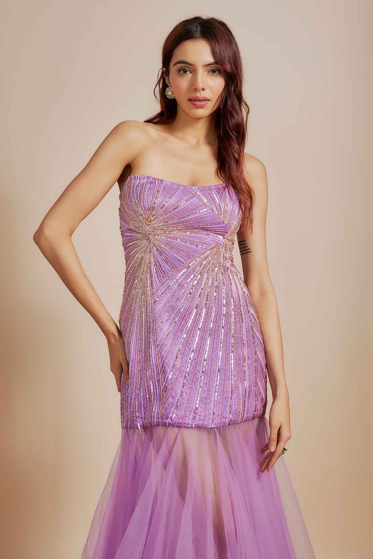 Purple Off Shoulder Flared Gown