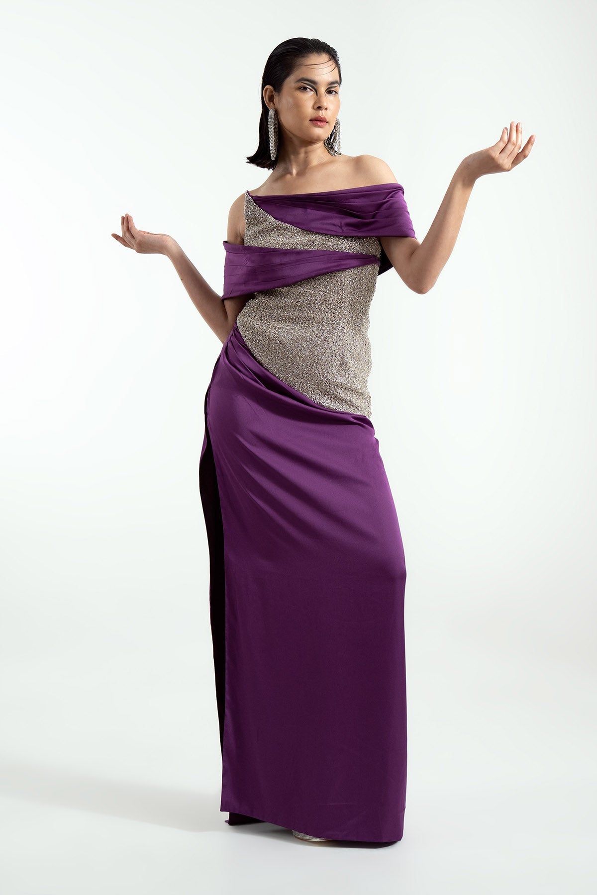 Buy Purple Off Shoulder Maxi Dress by Khumaar Luxe for women online at ScrollnShops