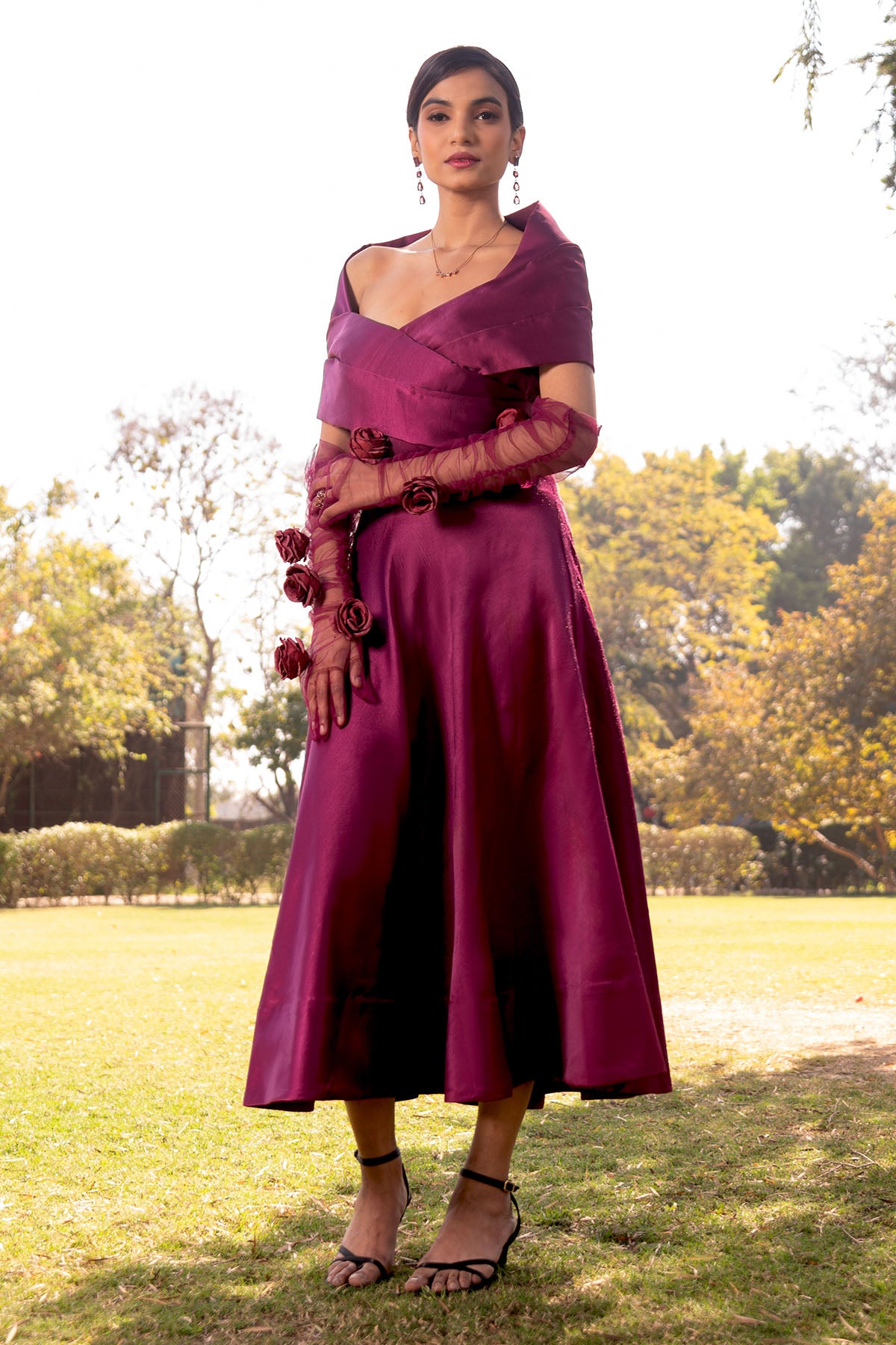 Purple Off Shoulder Midi Dress