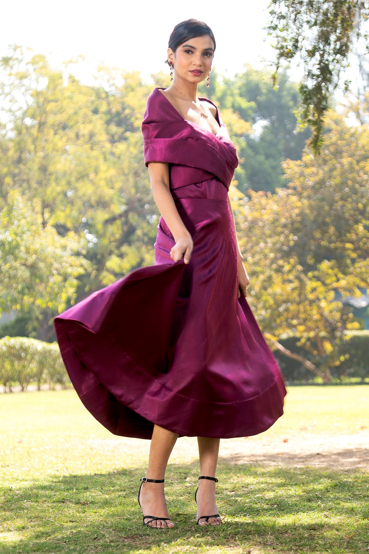 Purple Off Shoulder Midi Dress