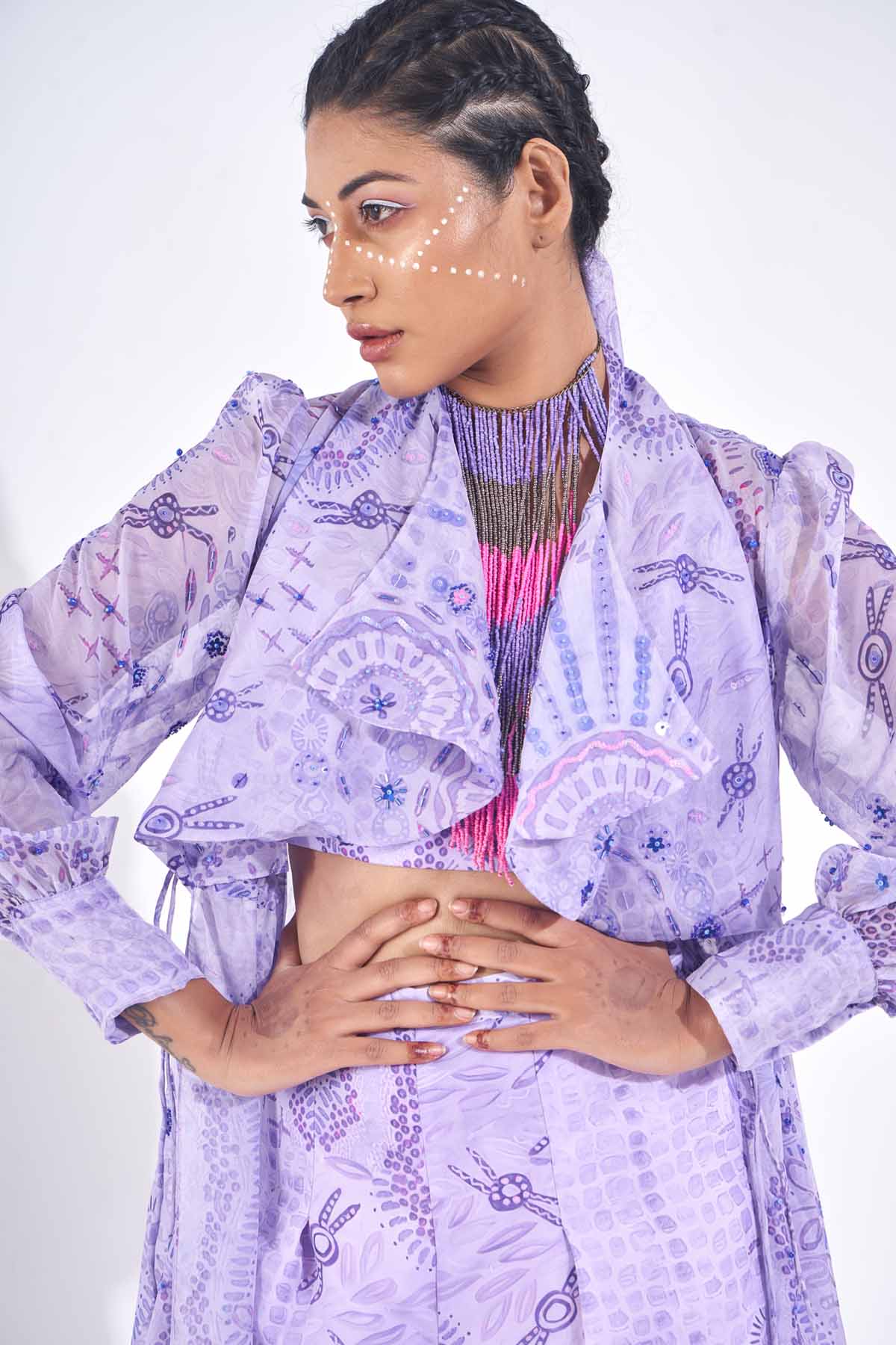Purple Organza Print Long Jacket