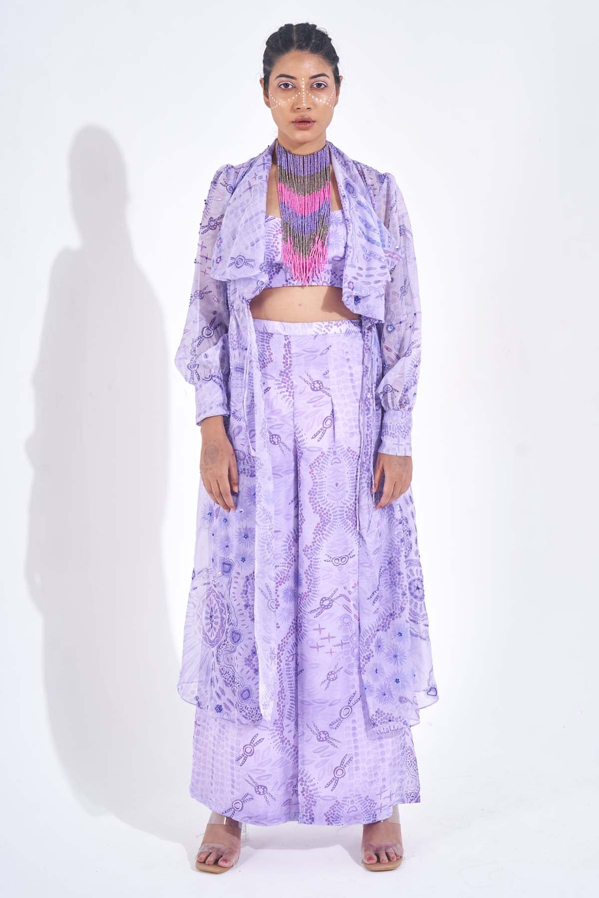 Demira Purple Organza Print Long Jacket for women online at ScrollnShops