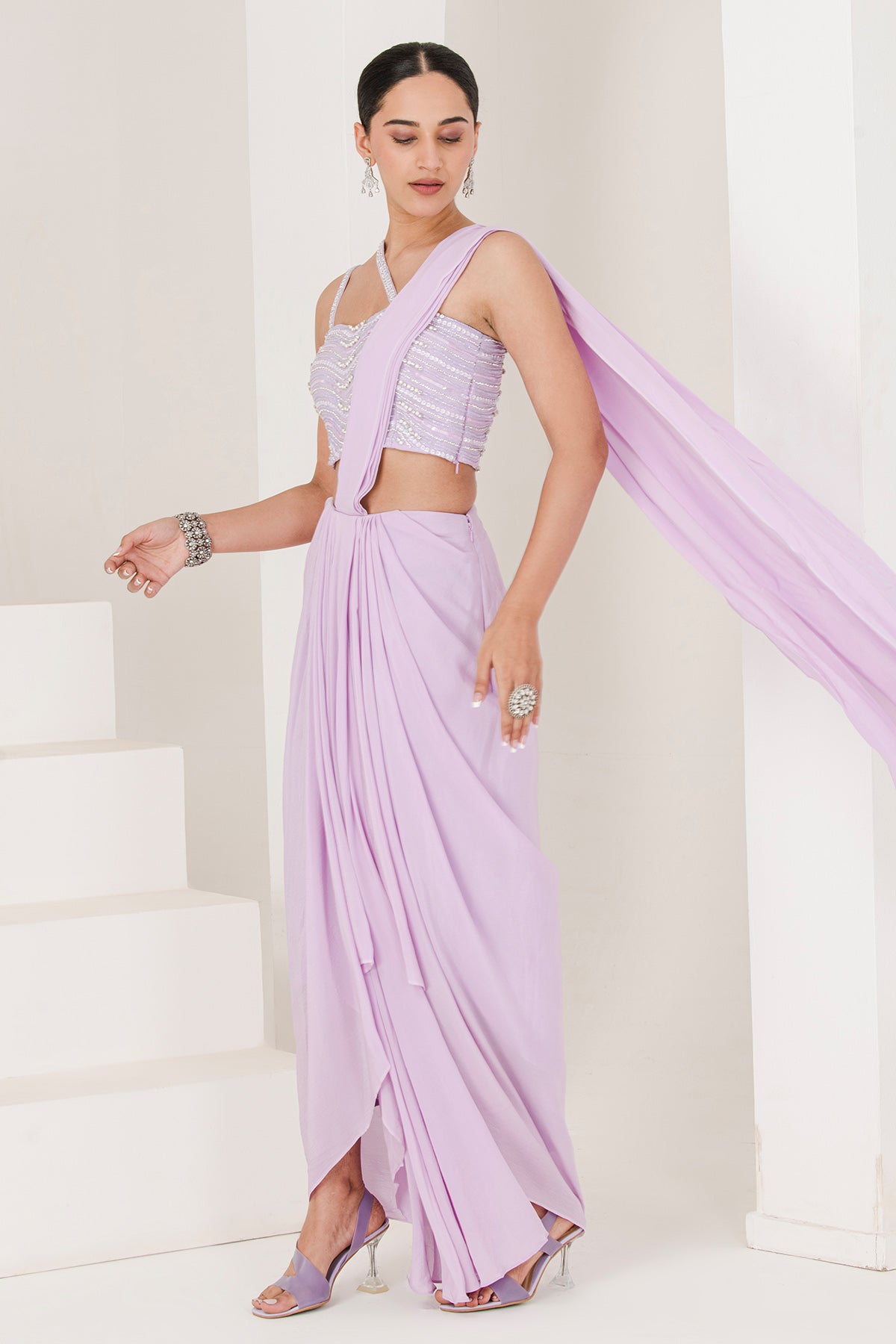 Purple Pearls Pre-Stitched Saree