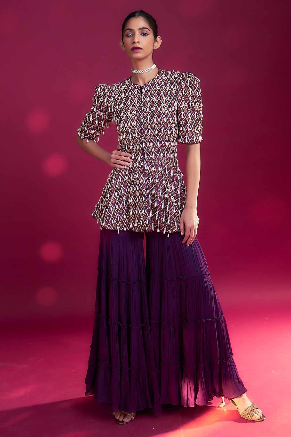 Sejal Kamdar Purple Peplum Top & Sharara for women online at ScrollnShops