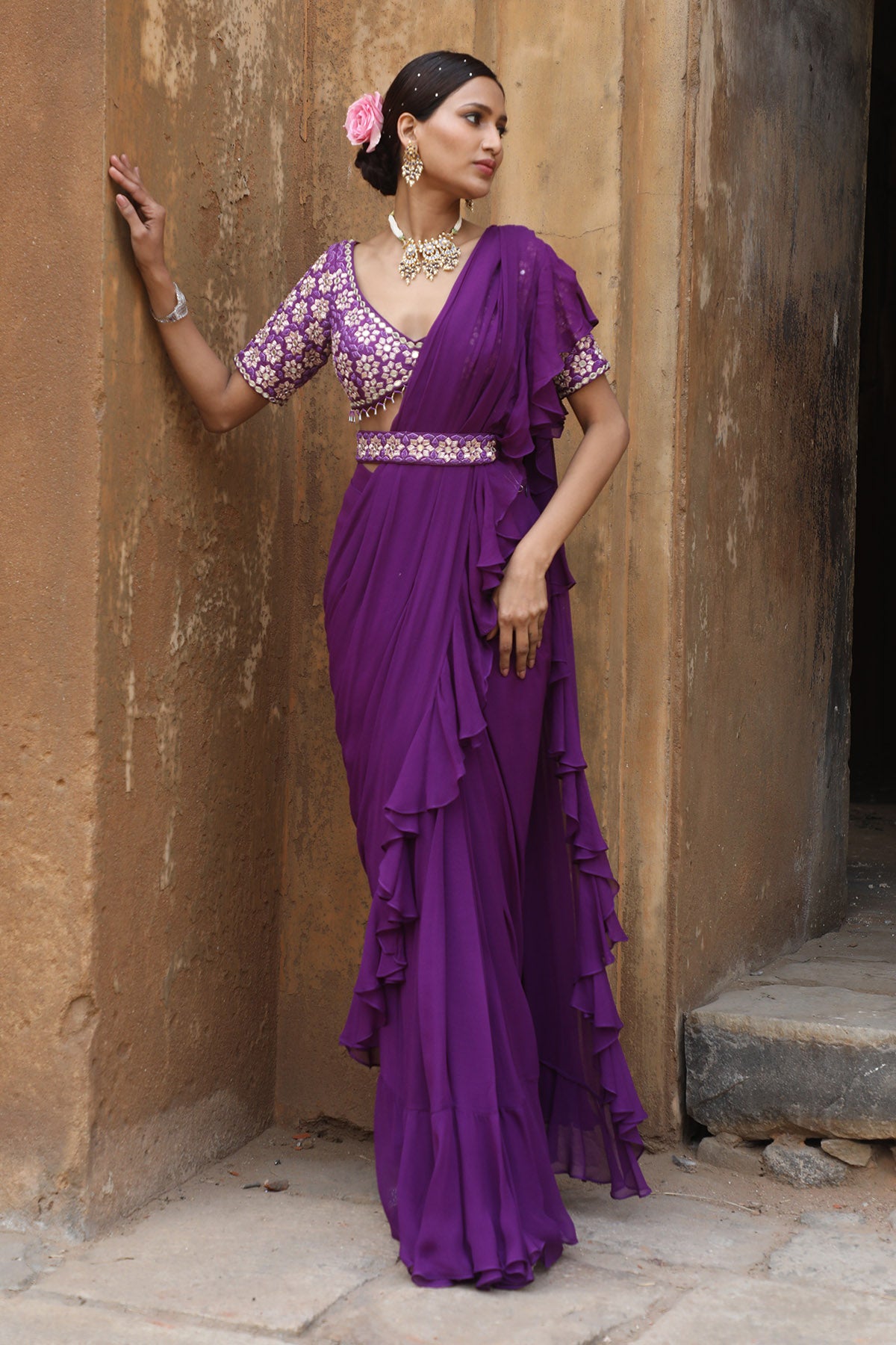 Purple Pre-Draped Frill Saree