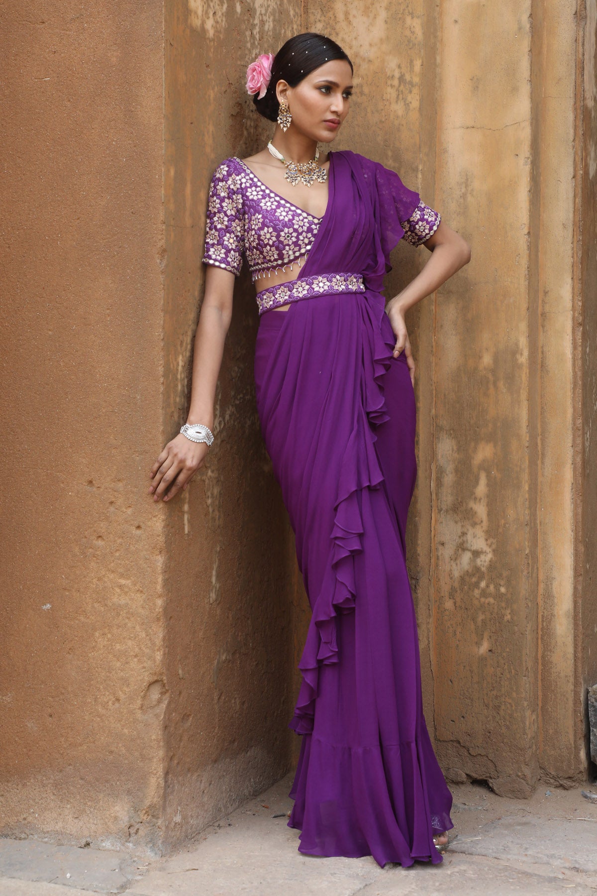 Purple Pre-Draped Frill Saree